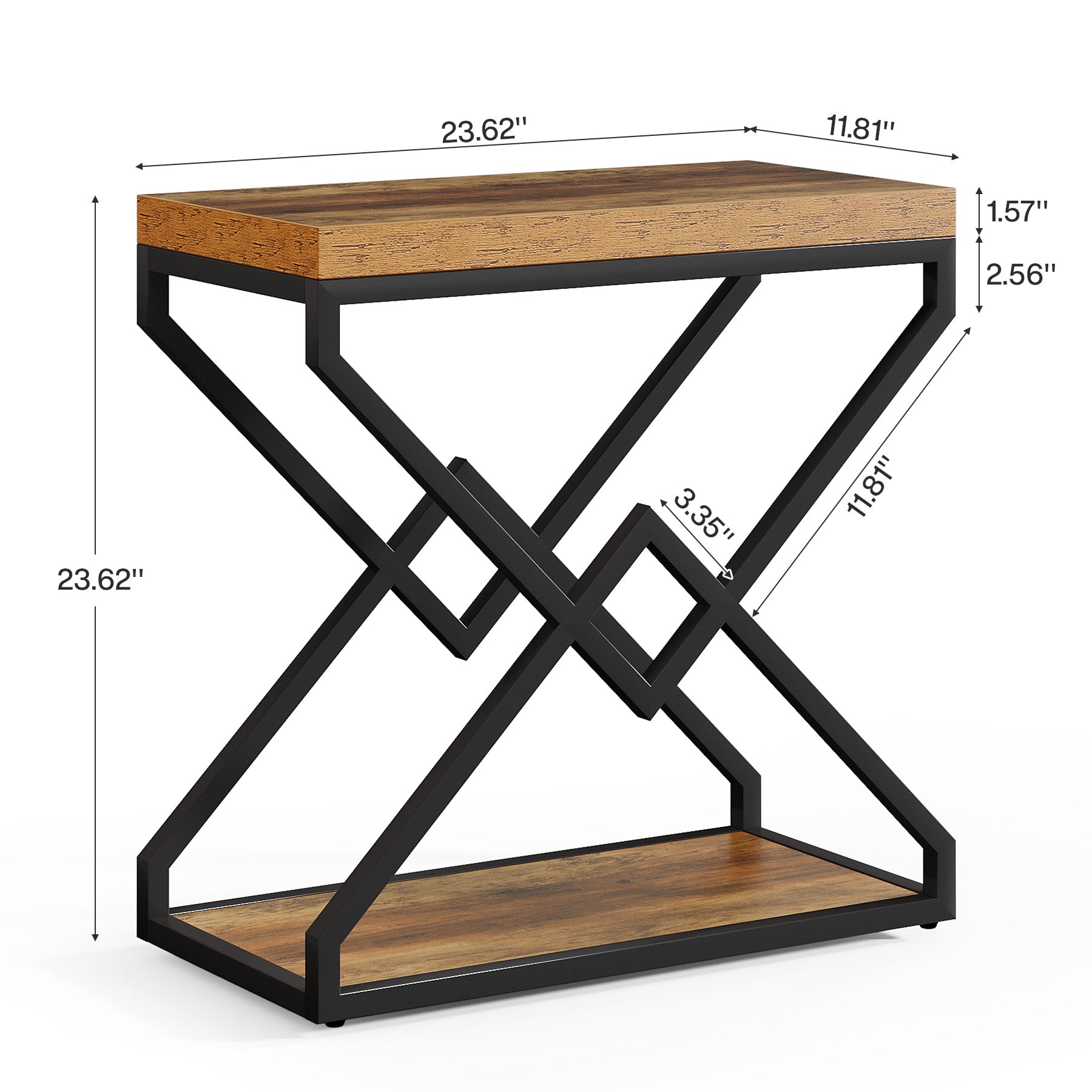 23.62" End Table, Narrow Side Table with Storage and X-Shaped Metal Frame
