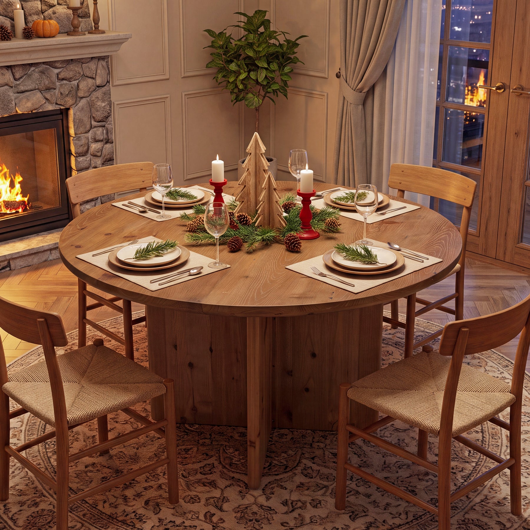 47.2" Round Dining Table, Solid Wood Kitchen Table with Cross Pedestal Base for 4-6
