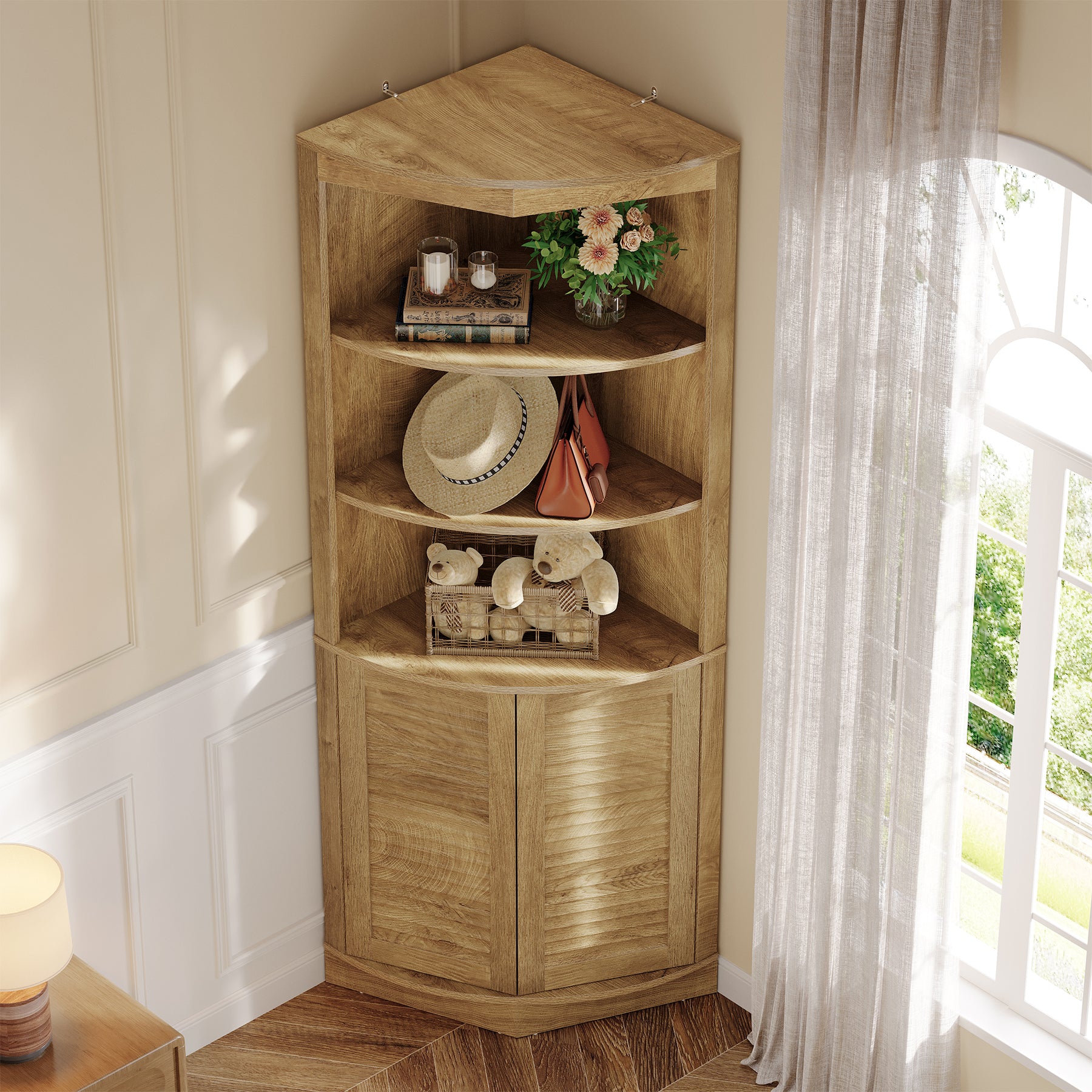 66.9" Corner Storage Cabinet, 5-Tier Corner Shelf with Fluted Doors & Open Shelves