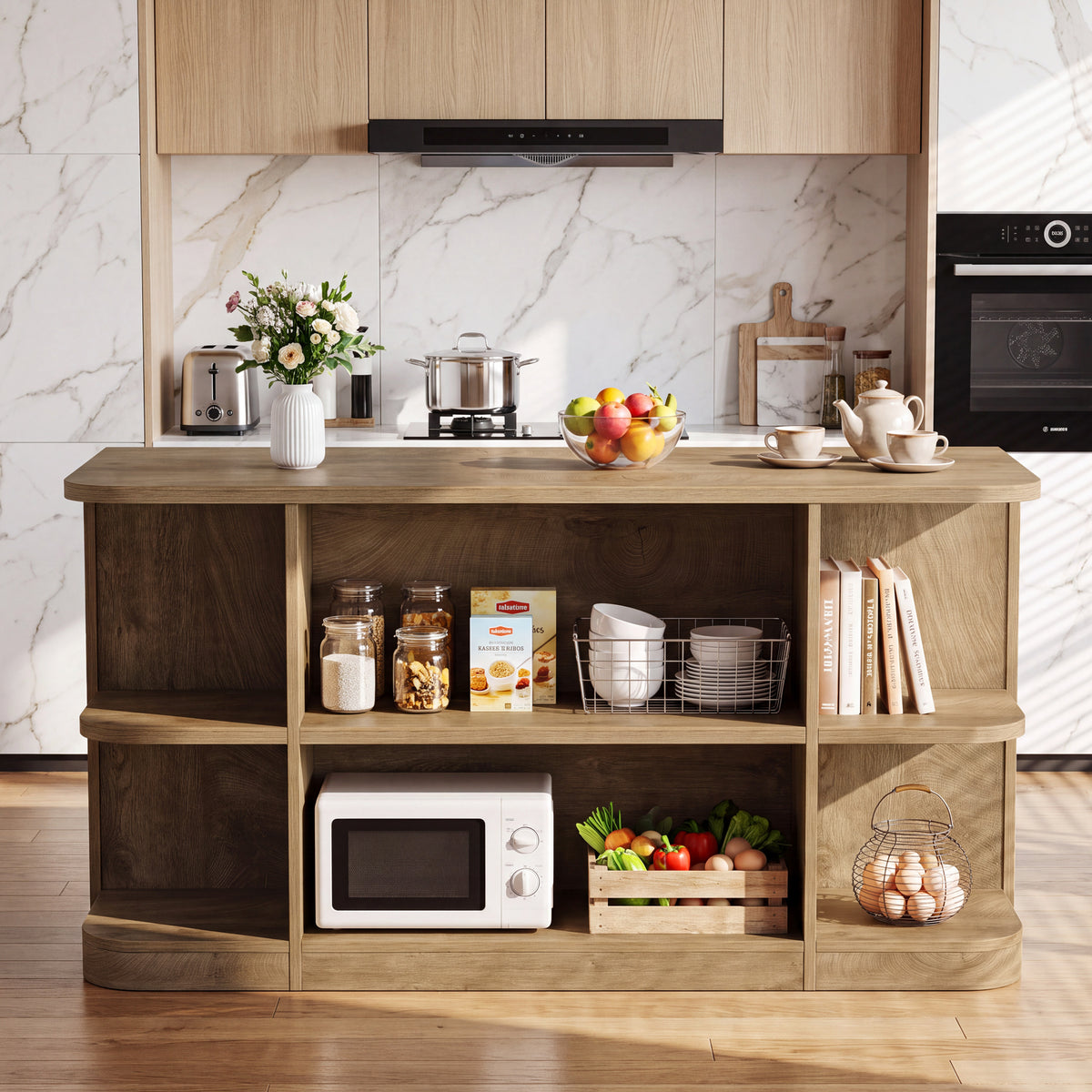63" Kitchen Island with Storage Shelves & Seating Space, Stationary Island Table