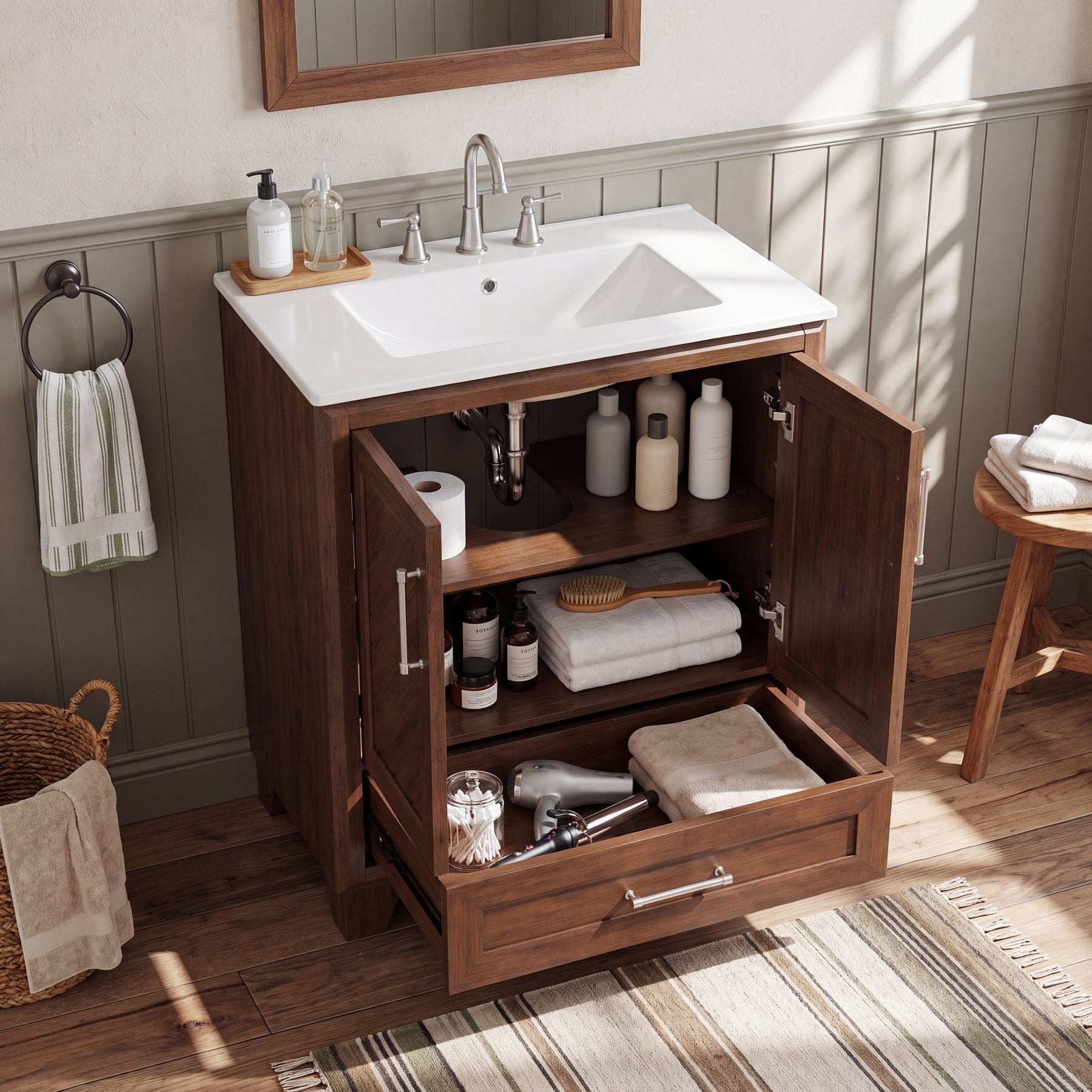 24" Bathroom Vanity, Modern Bathroom Cabinet with Sink & Carved Doors