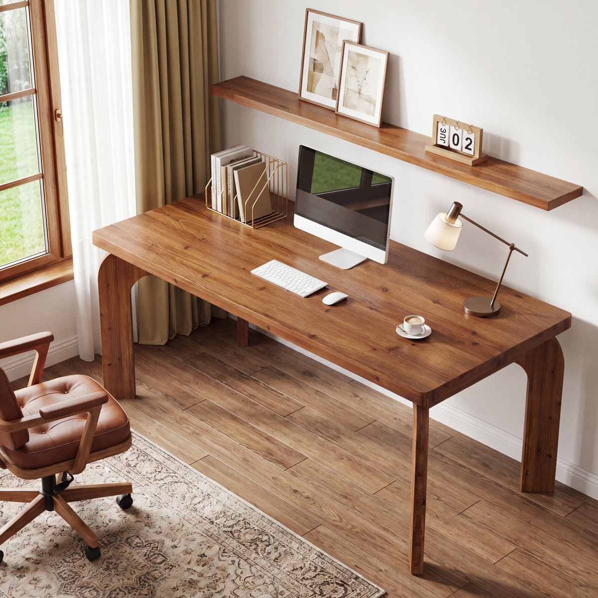63" Solid Wood Executive Desk with Curved Legs, Rectangular Home Office Desk