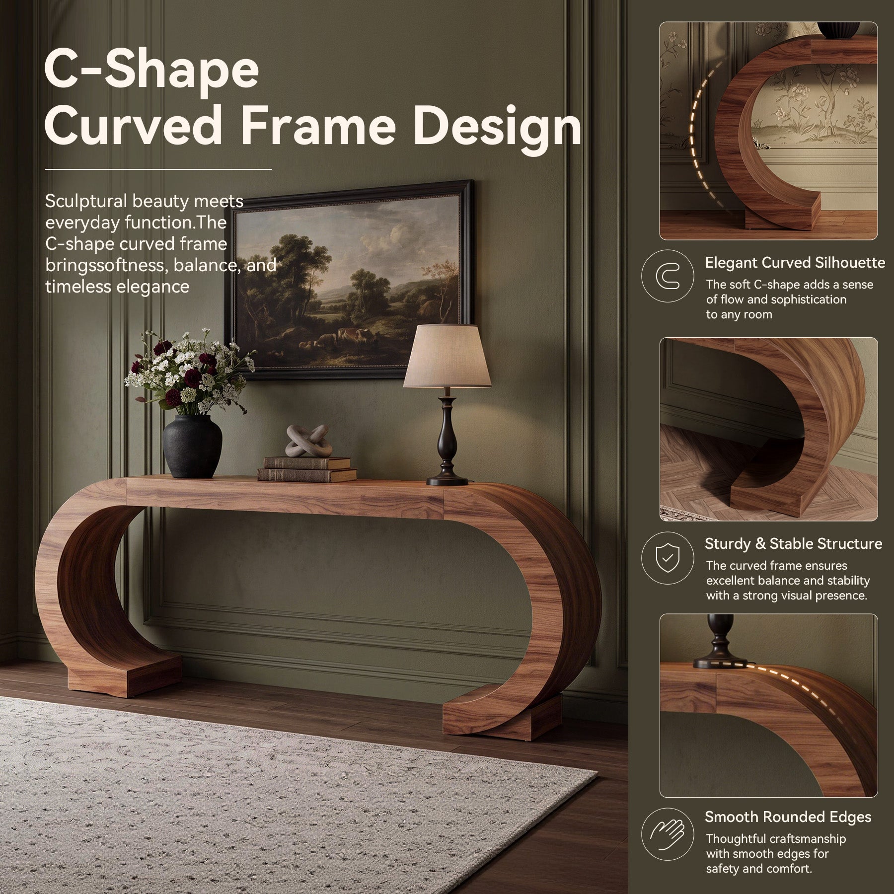 79" Console Table, Arched Entryway Table Sofa Table with Curved Pedestal
