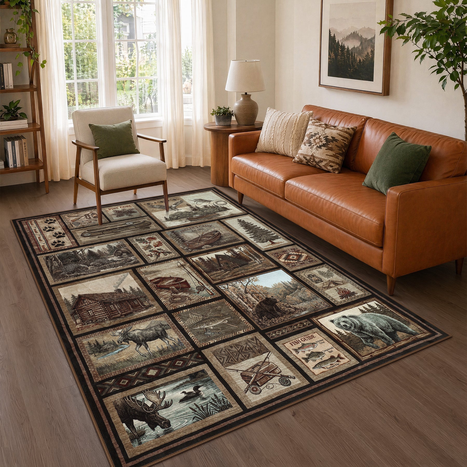 Vintage Bear Area Rug, Low Pile Vintage Wildlife Indoor Carpet for Room Decor