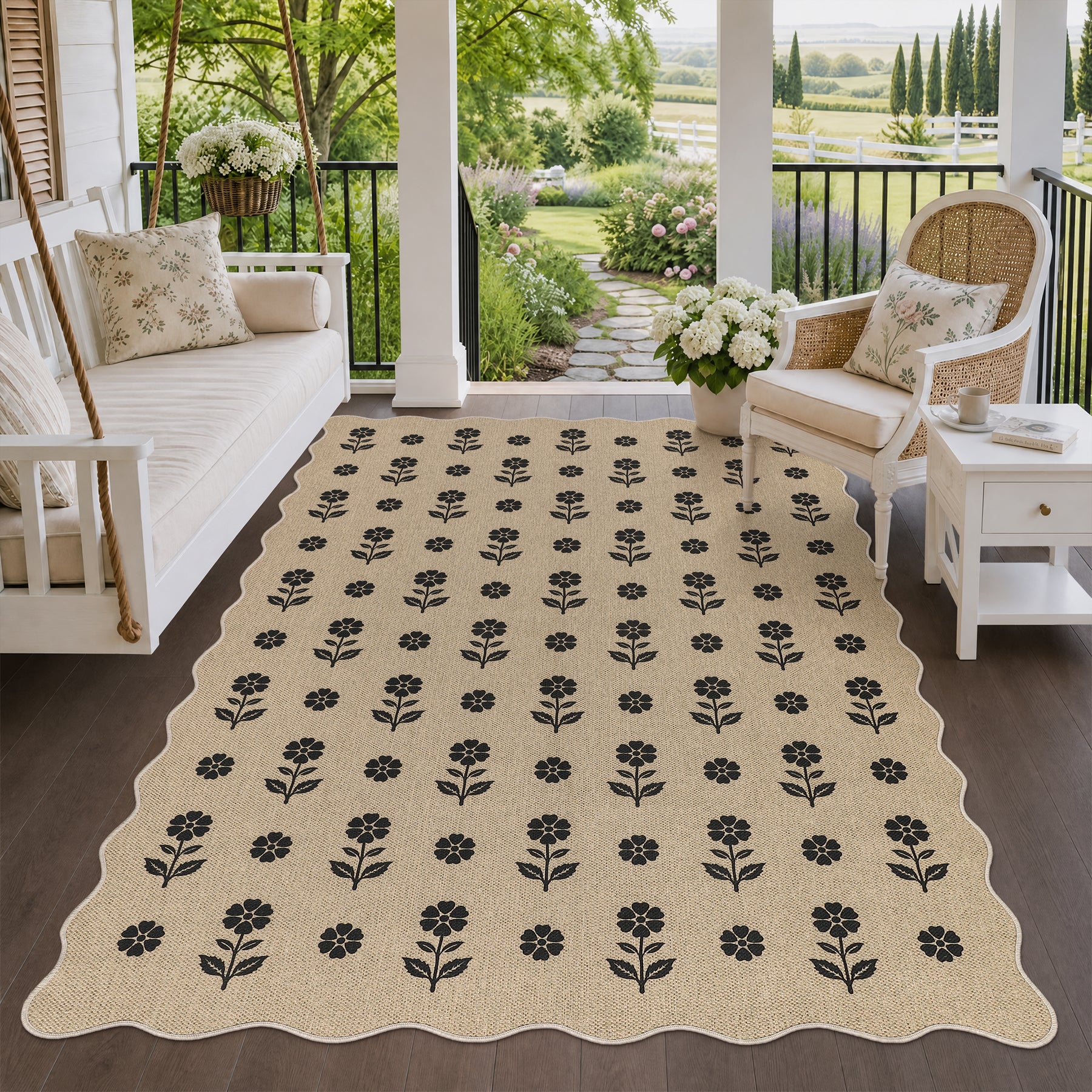 2x6/3x5 Floral Easy Jute Hallway Runner Rug, Scalloped Kitchen Runner Rug Non Skid Washable Indoor Carpet, Oeko-Tex Certified