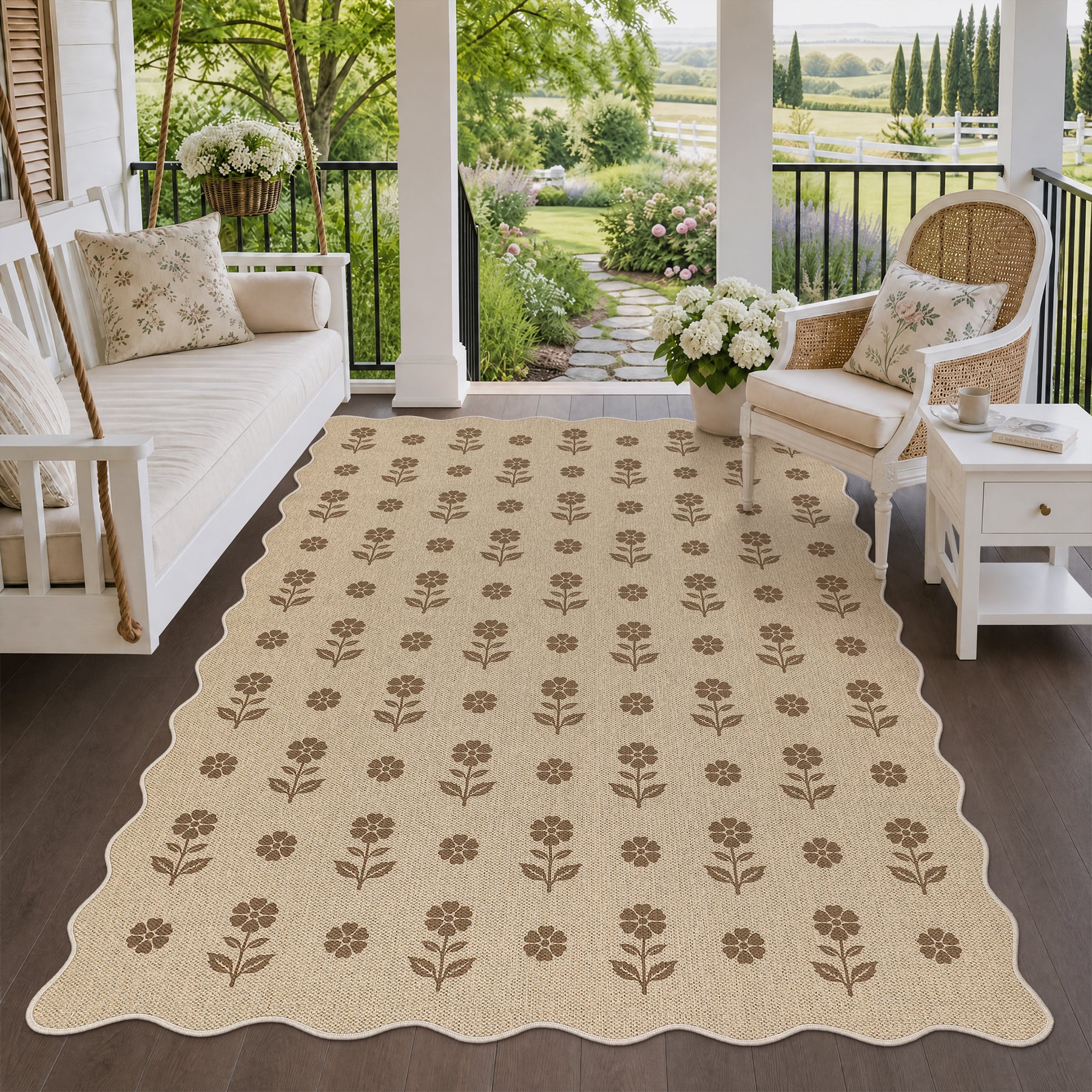 2x6/3x5 Floral Easy Jute Hallway Runner Rug, Scalloped Kitchen Runner Rug Non Skid Washable Indoor Carpet, Oeko-Tex Certified