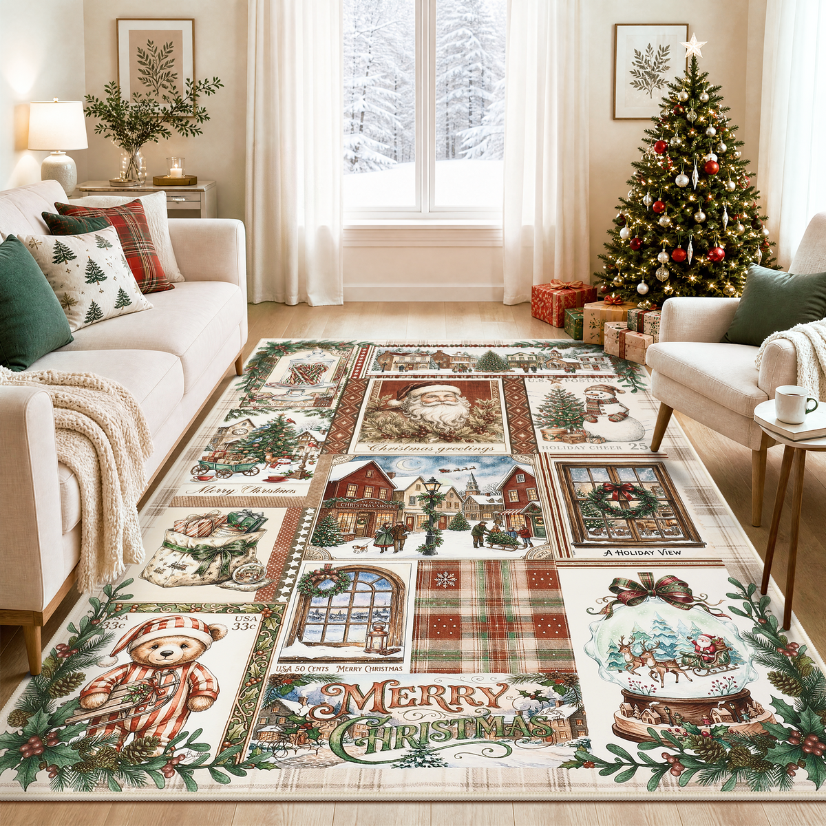 Christmas Vintage Runner Rug, Washable Non-Slip Holiday Kitchen Mat