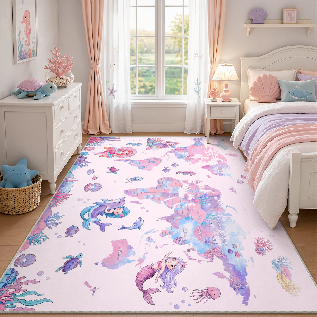 Soft Non‑Slip Low‑Pile, Cute Mermaid Ocean Animal Play Mat for Nursery Girls’ Bedroom Living Room