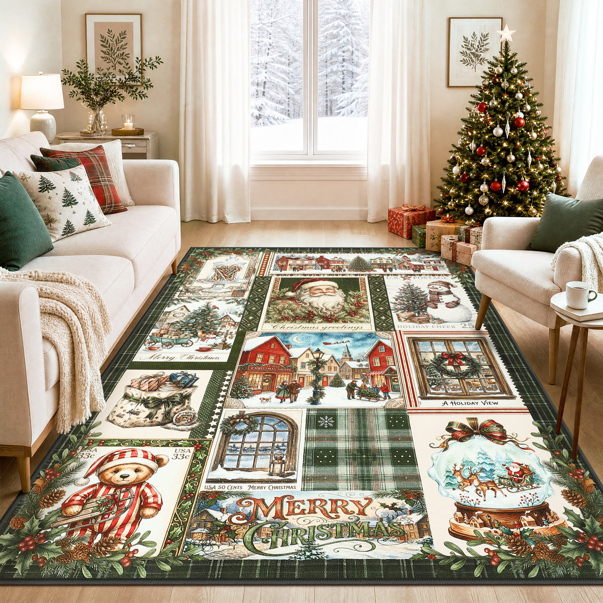 Christmas Vintage Runner Rug, Washable Non-Slip Holiday Kitchen Mat