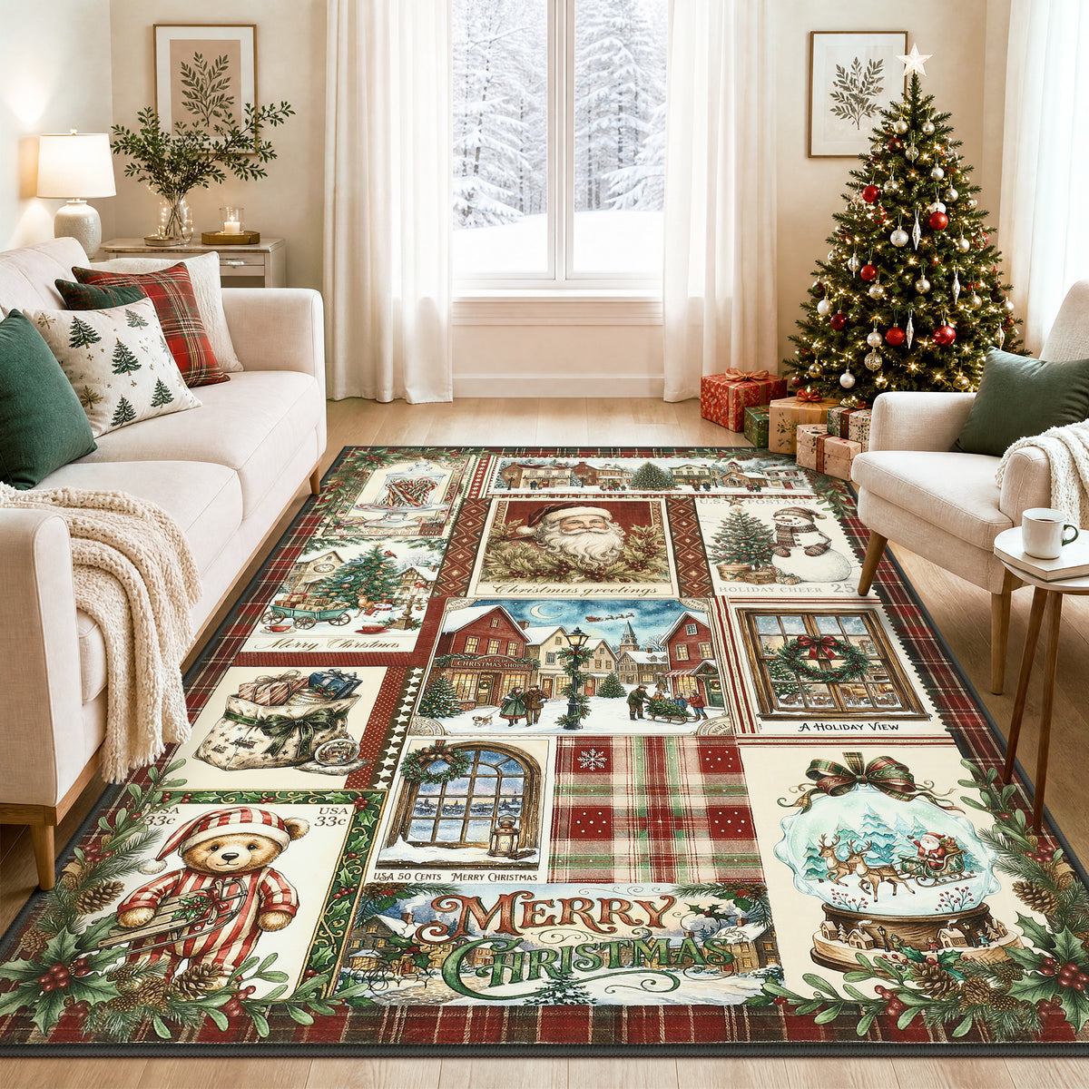 Christmas Vintage Runner Rug, Washable Non-Slip Holiday Kitchen Mat