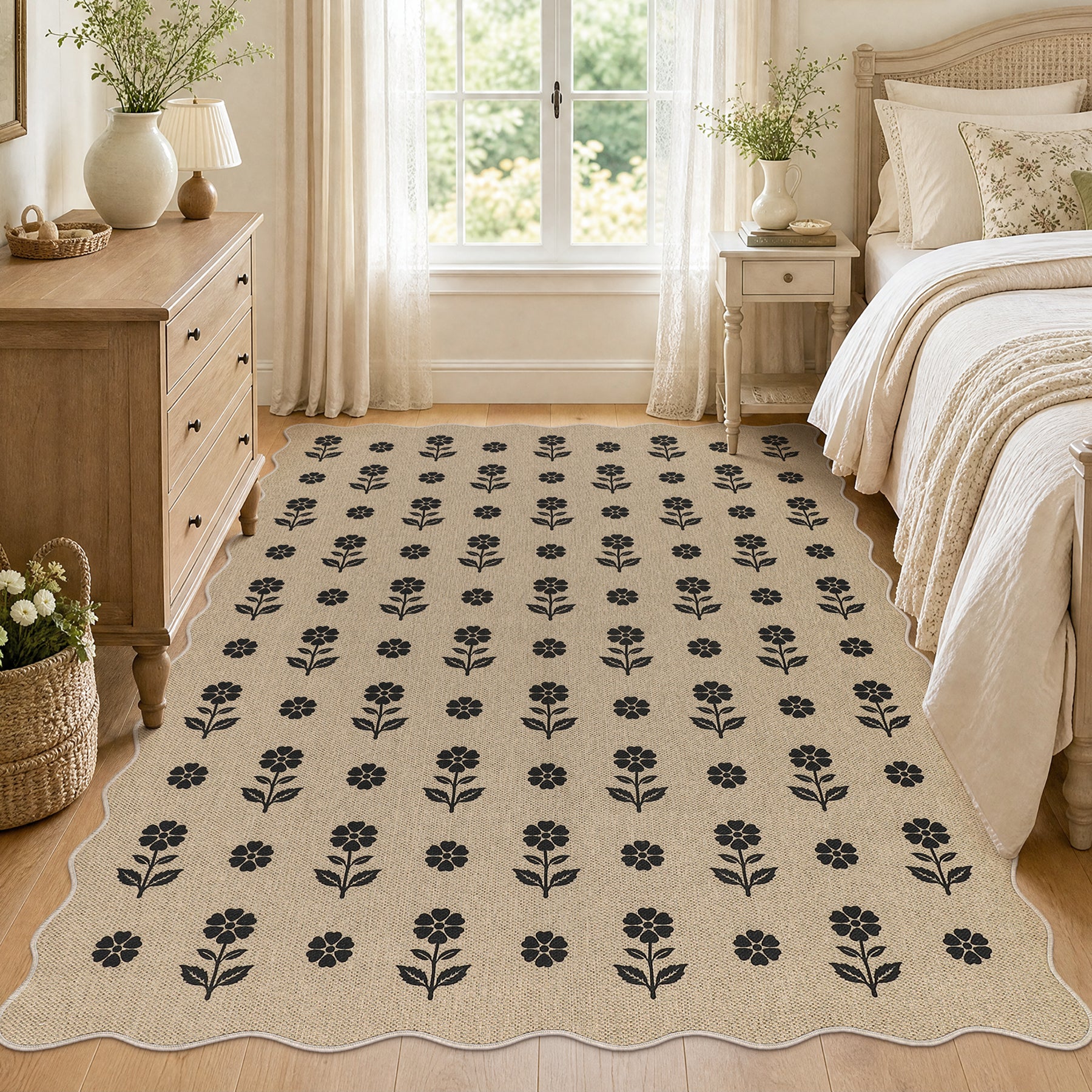 2x6/3x5 Floral Easy Jute Hallway Runner Rug, Scalloped Kitchen Runner Rug Non Skid Washable Indoor Carpet, Oeko-Tex Certified