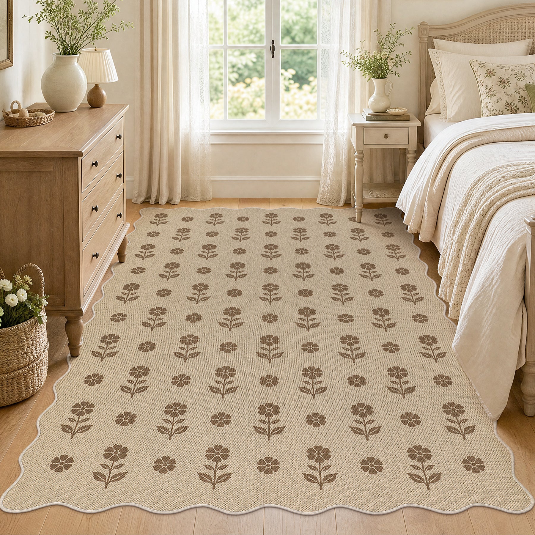 2x6/3x5 Floral Easy Jute Hallway Runner Rug, Scalloped Kitchen Runner Rug Non Skid Washable Indoor Carpet, Oeko-Tex Certified