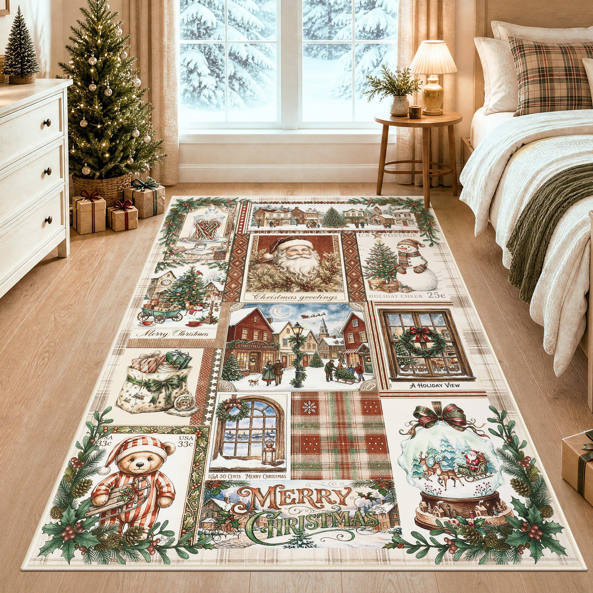 Christmas Vintage Runner Rug, Washable Non-Slip Holiday Kitchen Mat