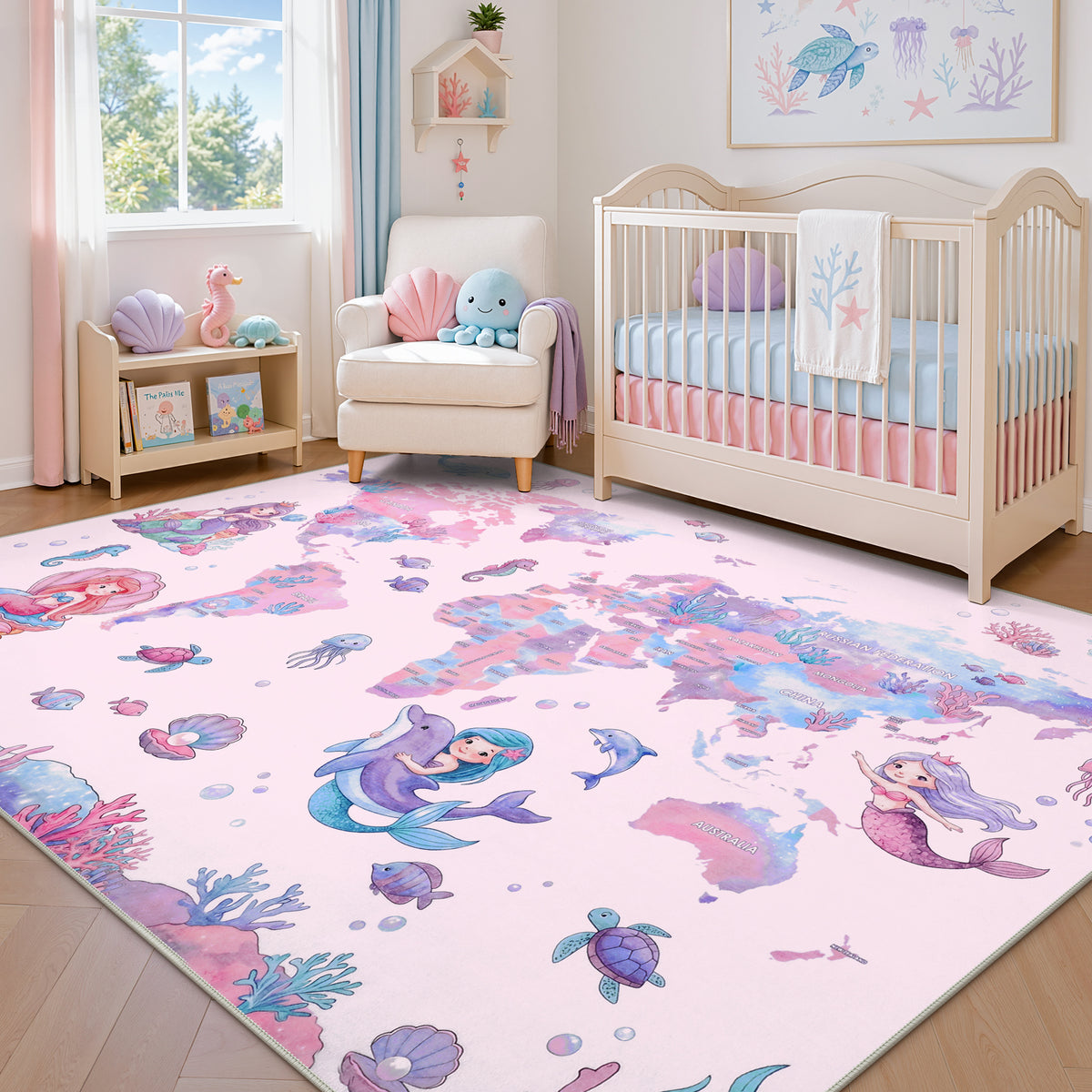 Soft Non‑Slip Low‑Pile, Cute Mermaid Ocean Animal Play Mat for Nursery Girls’ Bedroom Living Room