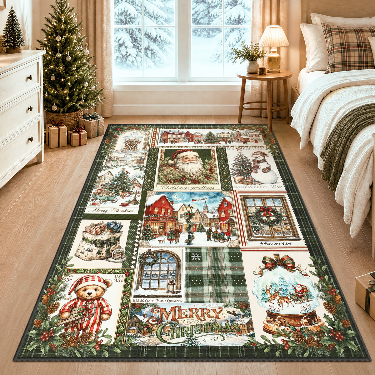 Christmas Vintage Runner Rug, Washable Non-Slip Holiday Kitchen Mat