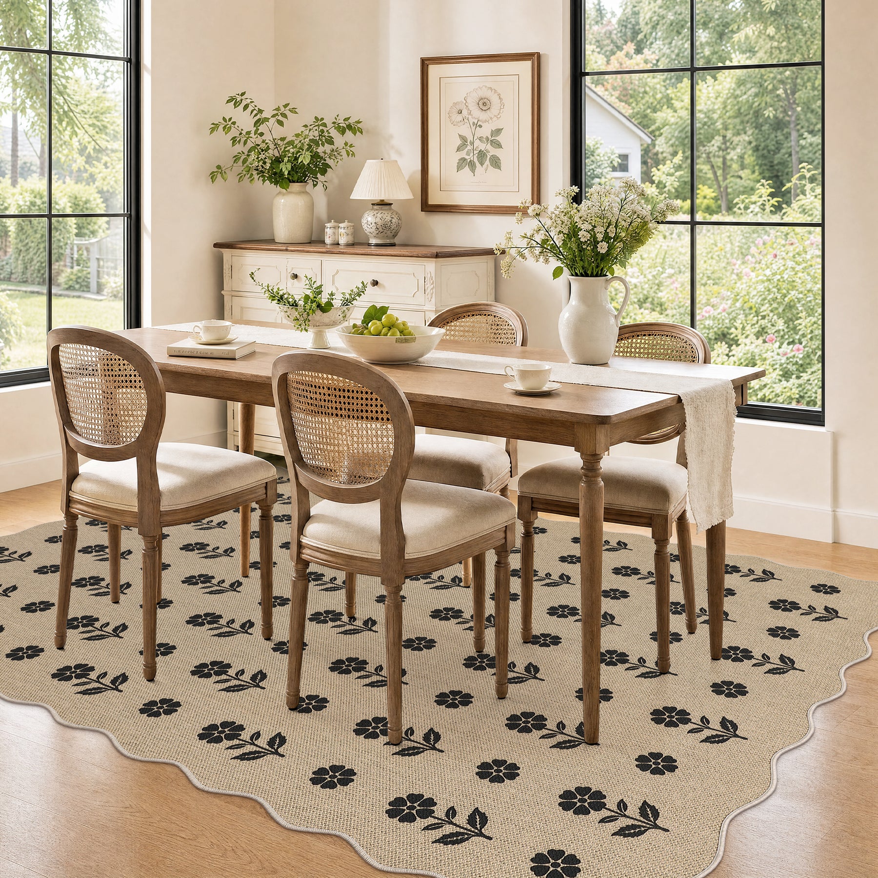 2x6/3x5 Floral Easy Jute Hallway Runner Rug, Scalloped Kitchen Runner Rug Non Skid Washable Indoor Carpet, Oeko-Tex Certified