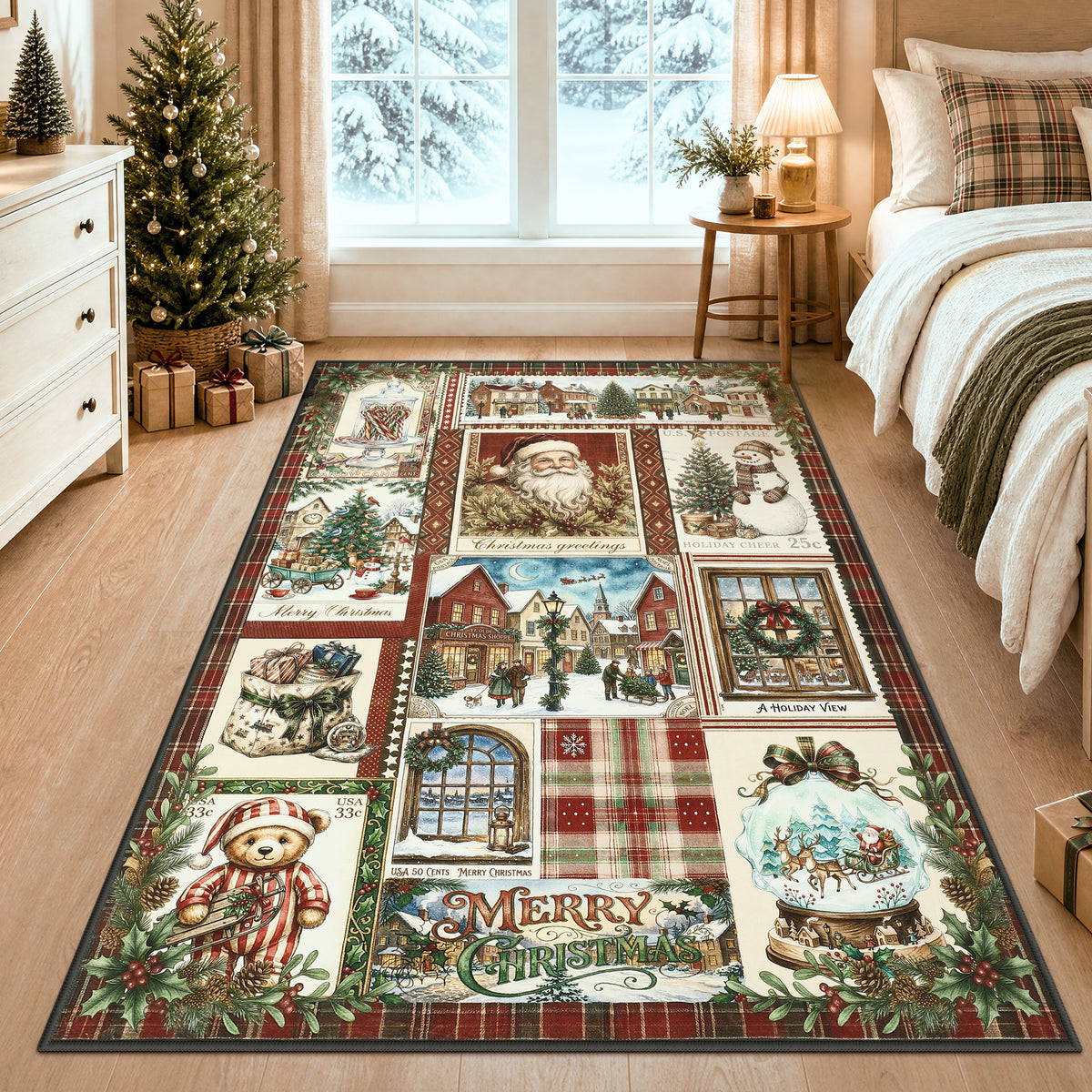 Christmas Vintage Runner Rug, Washable Non-Slip Holiday Kitchen Mat
