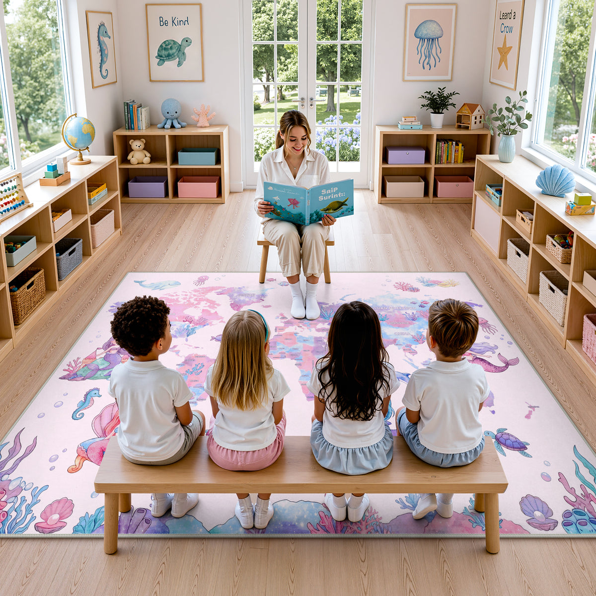 Soft Non‑Slip Low‑Pile, Cute Mermaid Ocean Animal Play Mat for Nursery Girls’ Bedroom Living Room