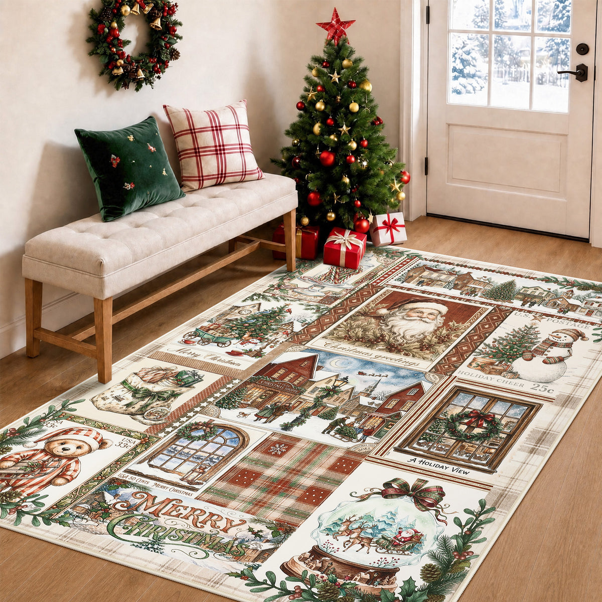Christmas Vintage Runner Rug, Washable Non-Slip Holiday Kitchen Mat