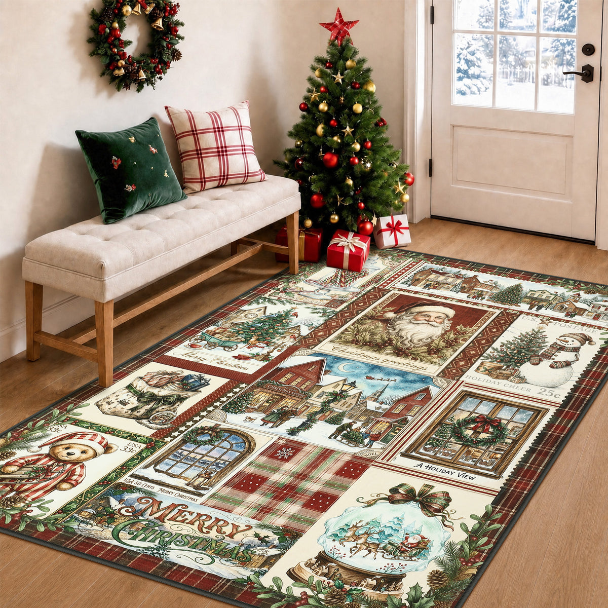 Christmas Vintage Runner Rug, Washable Non-Slip Holiday Kitchen Mat