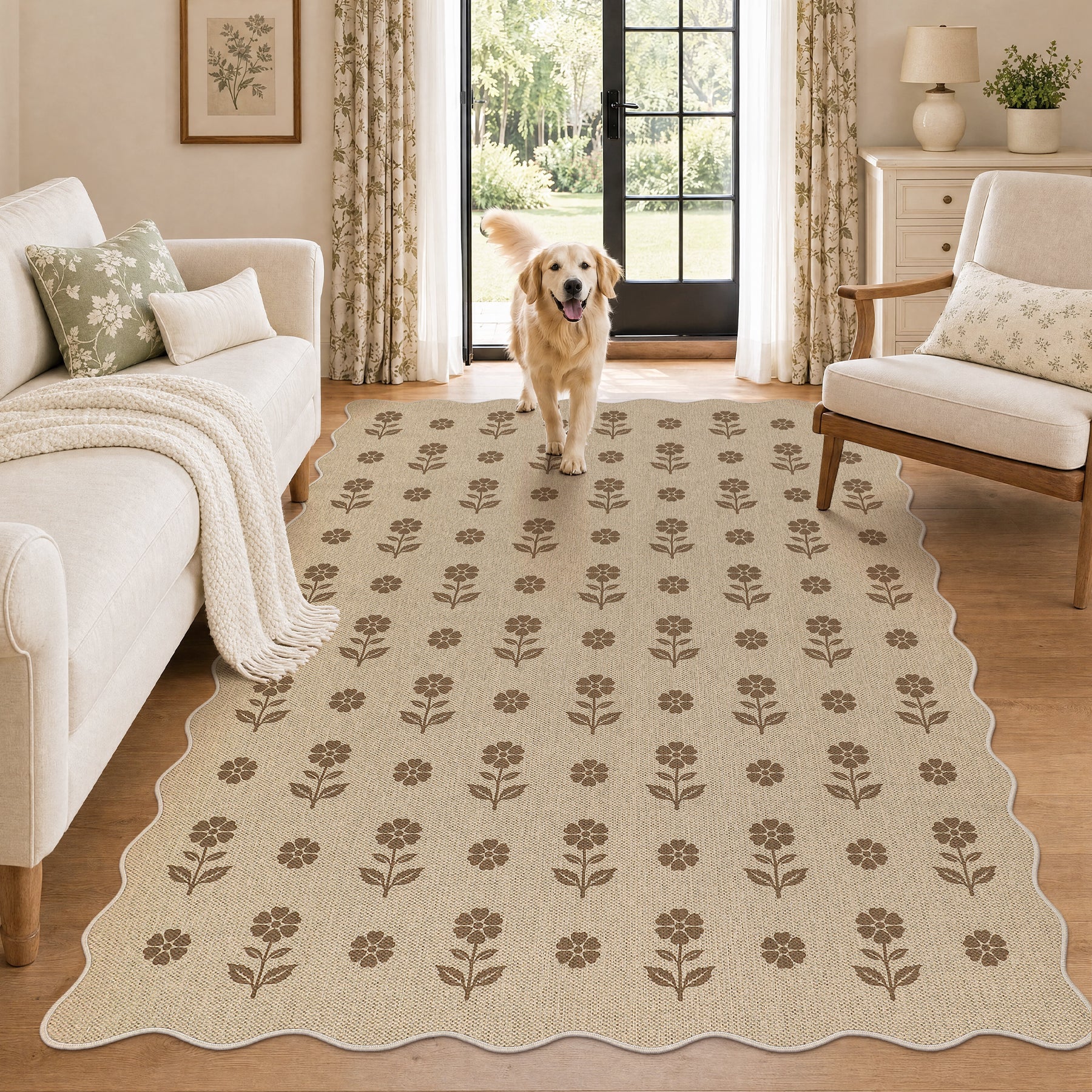 2x6/3x5 Floral Easy Jute Hallway Runner Rug, Scalloped Kitchen Runner Rug Non Skid Washable Indoor Carpet, Oeko-Tex Certified