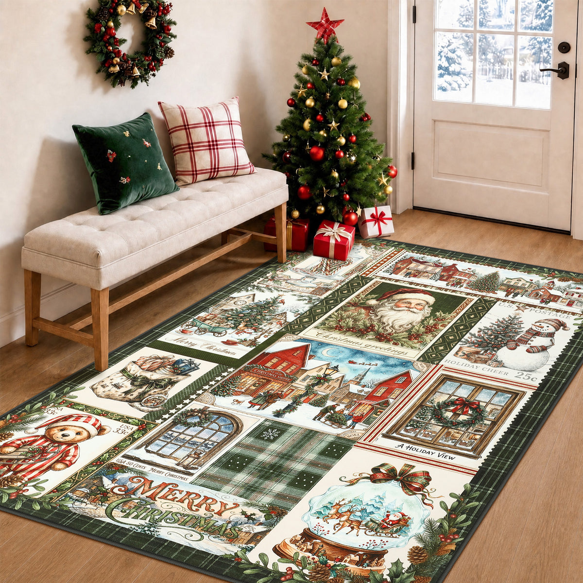 Christmas Vintage Runner Rug, Washable Non-Slip Holiday Kitchen Mat