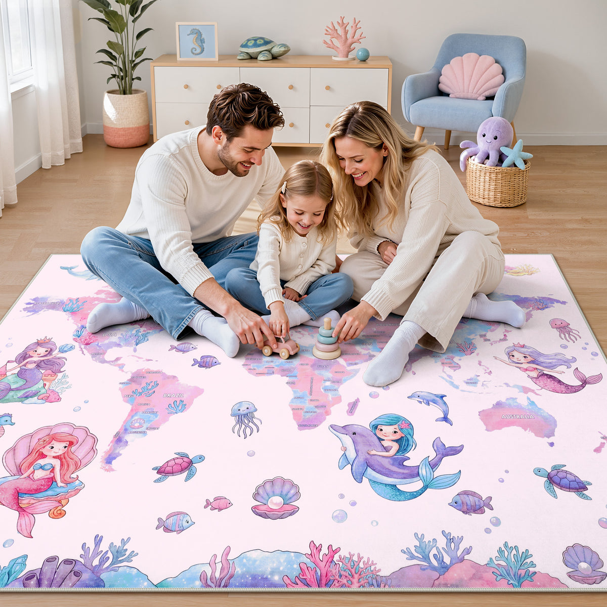 Soft Non‑Slip Low‑Pile, Cute Mermaid Ocean Animal Play Mat for Nursery Girls’ Bedroom Living Room