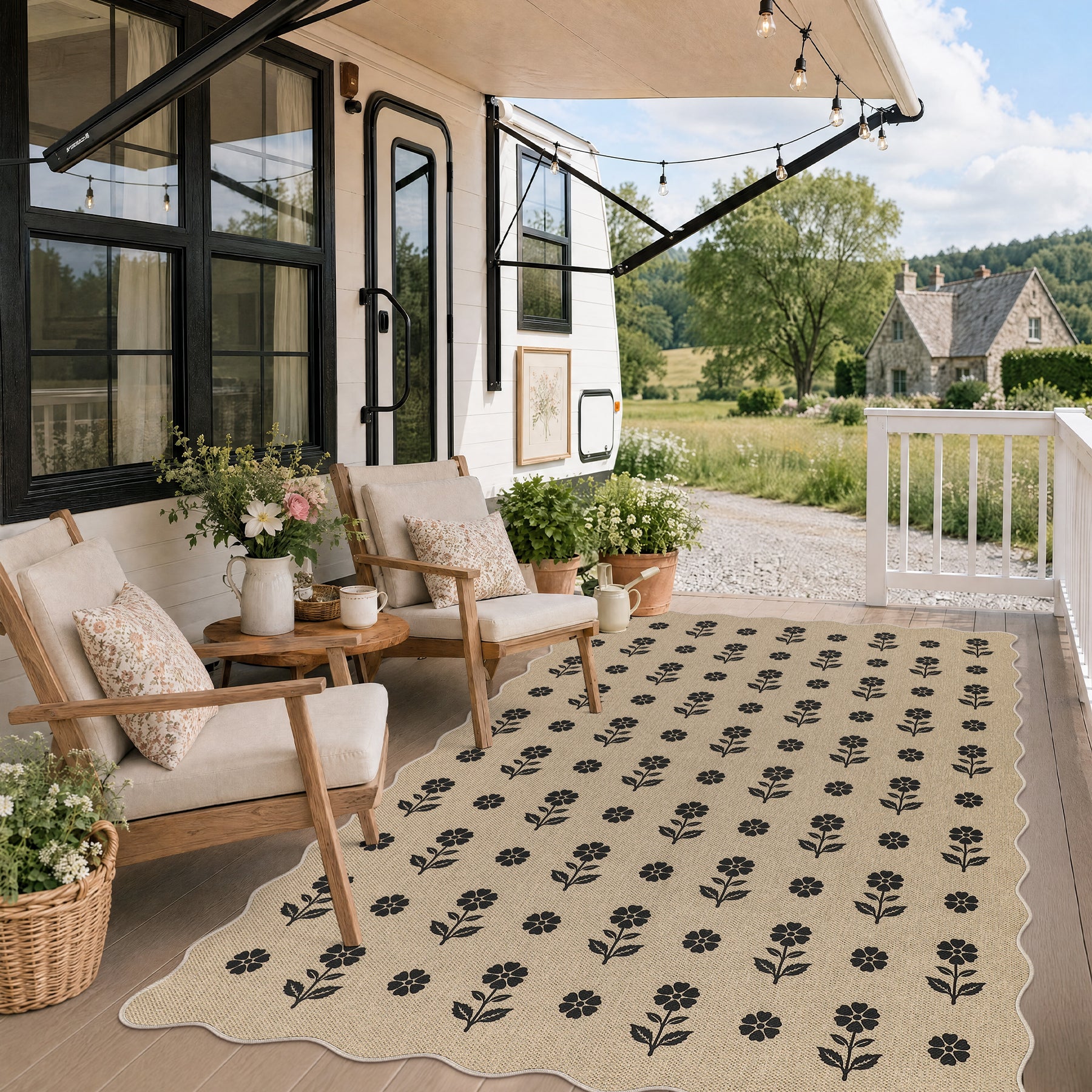 2x6/3x5 Floral Easy Jute Hallway Runner Rug, Scalloped Kitchen Runner Rug Non Skid Washable Indoor Carpet, Oeko-Tex Certified