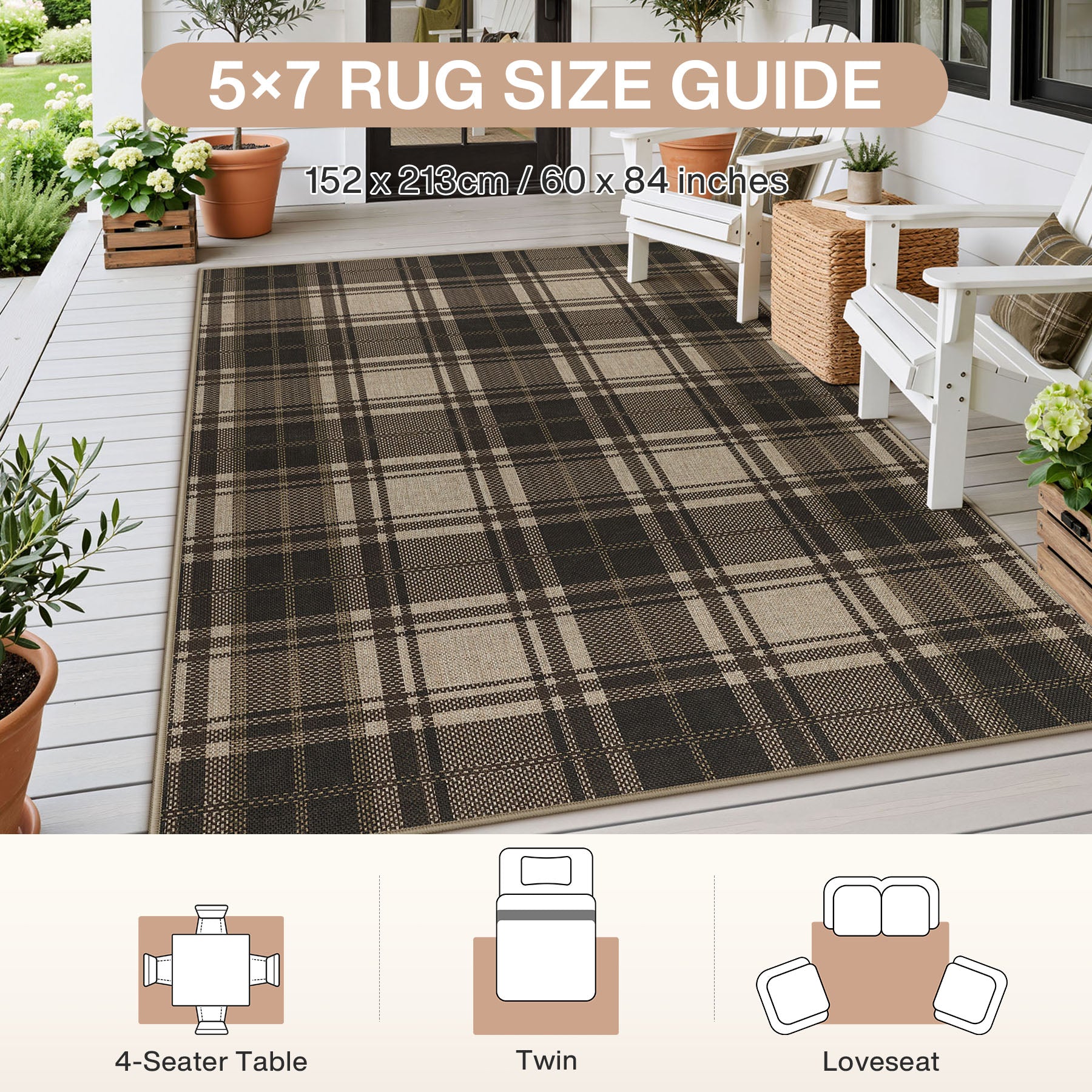 3x5/5x7 Plaid Easy Jute Washable Area Rug, Farmhouse Non-Slip Indoor Carpet for Porch Living Bedroom, Oeko-Tex Certified