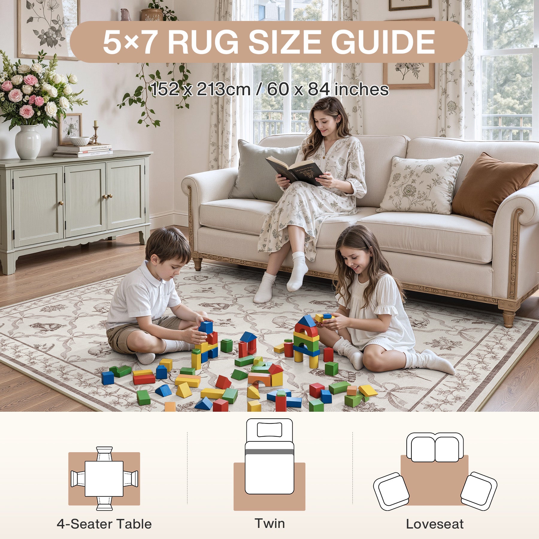 3x5/5x7 Boho Animal Floral Area Rugs for Living Room, Bow Soft Washable Non-Slip Low Pile Carpet, Oeko-Tex Certified