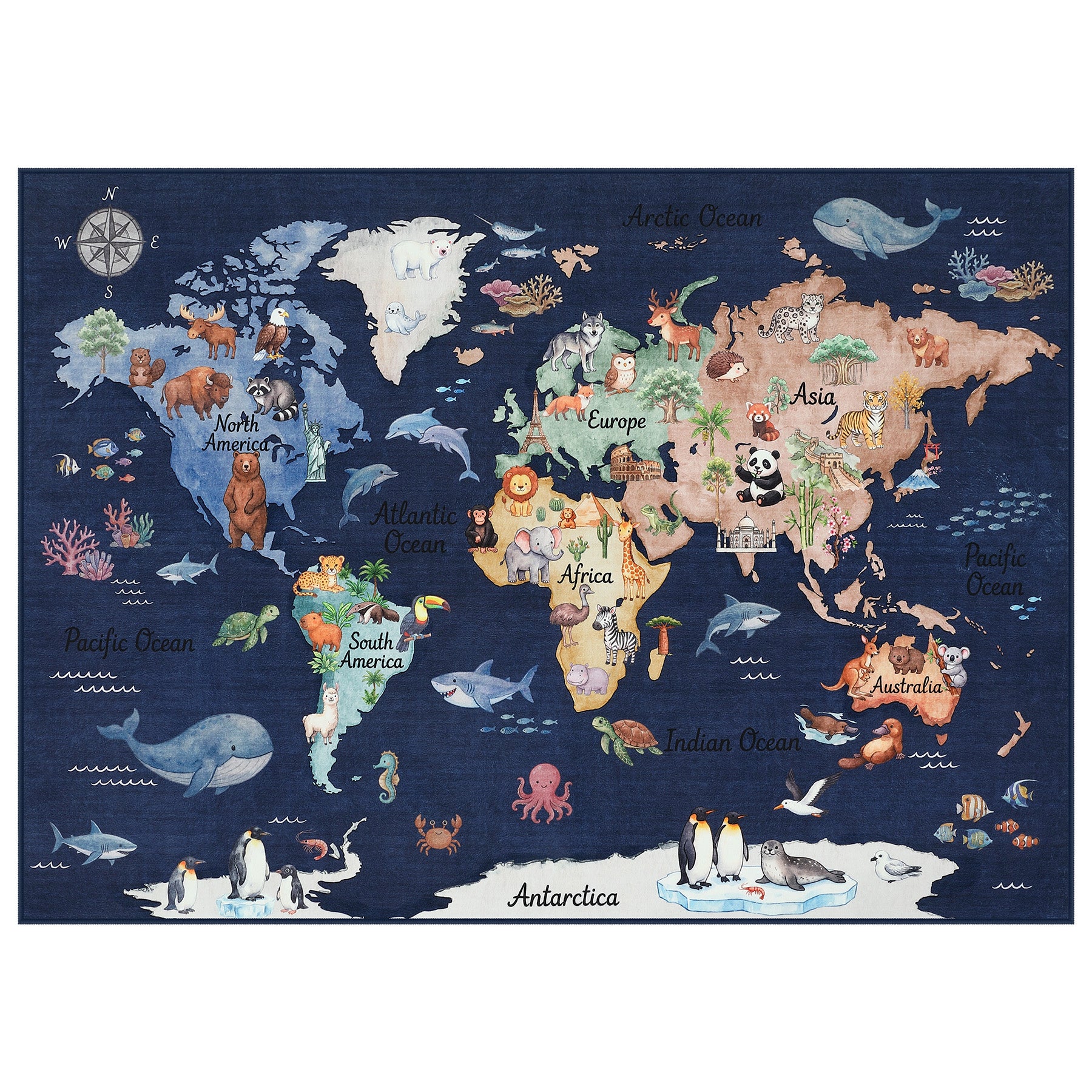 Kids Playroom Rug, Blue Washable World Map Rug – Soft Non-Slip Animal Ocean Play Mat