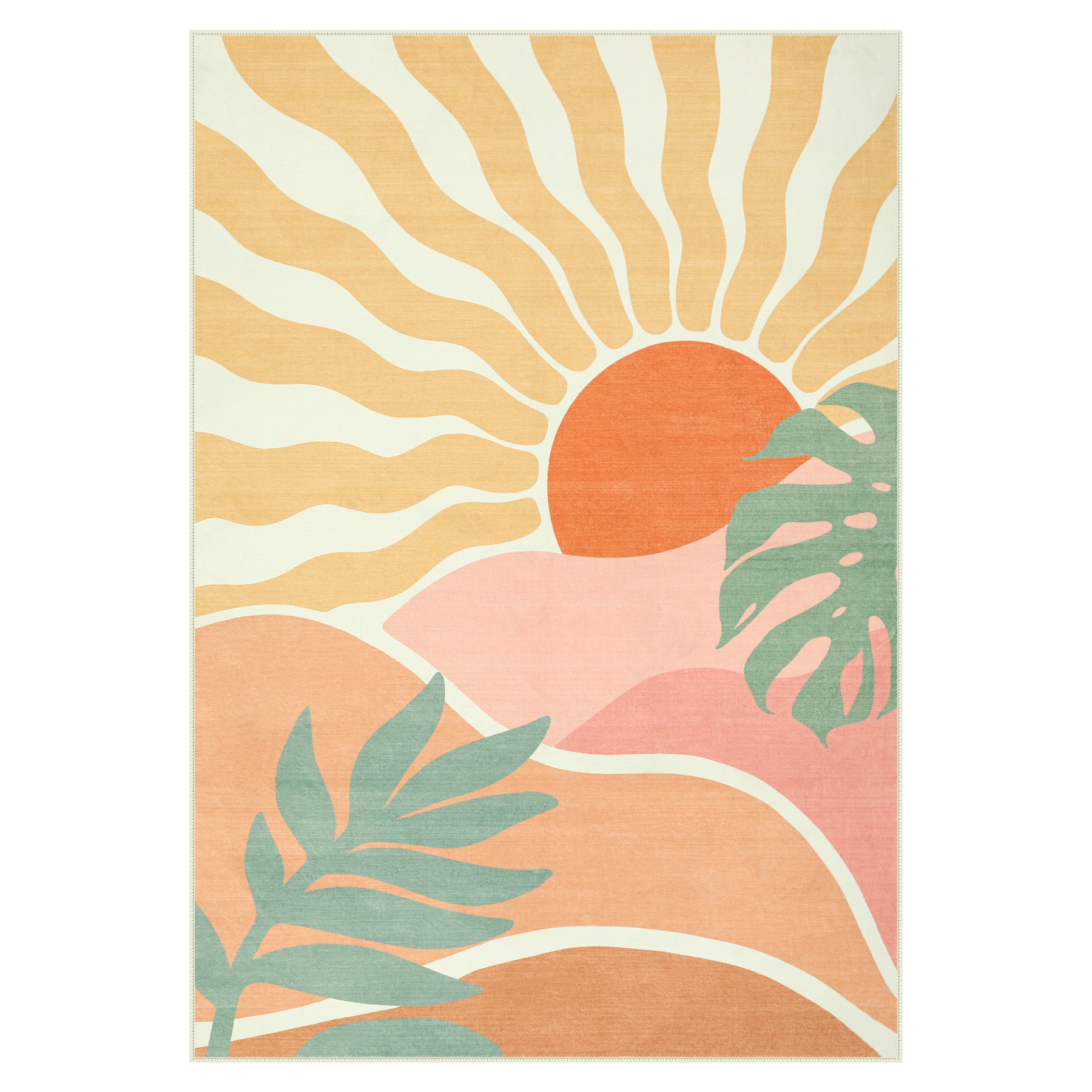 Boho Sun Area Rug, Machine Washable Faux Wool Rug, Non-Slip, Kid & Pet Friendly, Washable Living Room Carpet