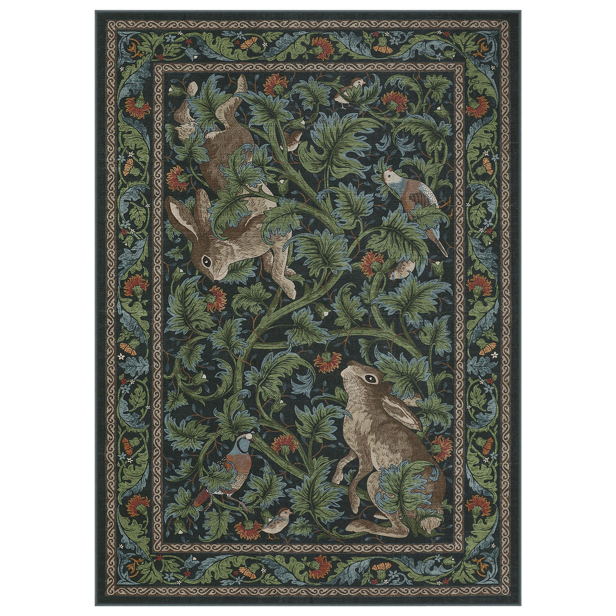 Forest Botanica Rabbit Washable Area Rug,Vintage Woodland Animal Print Low Pile Carpet
