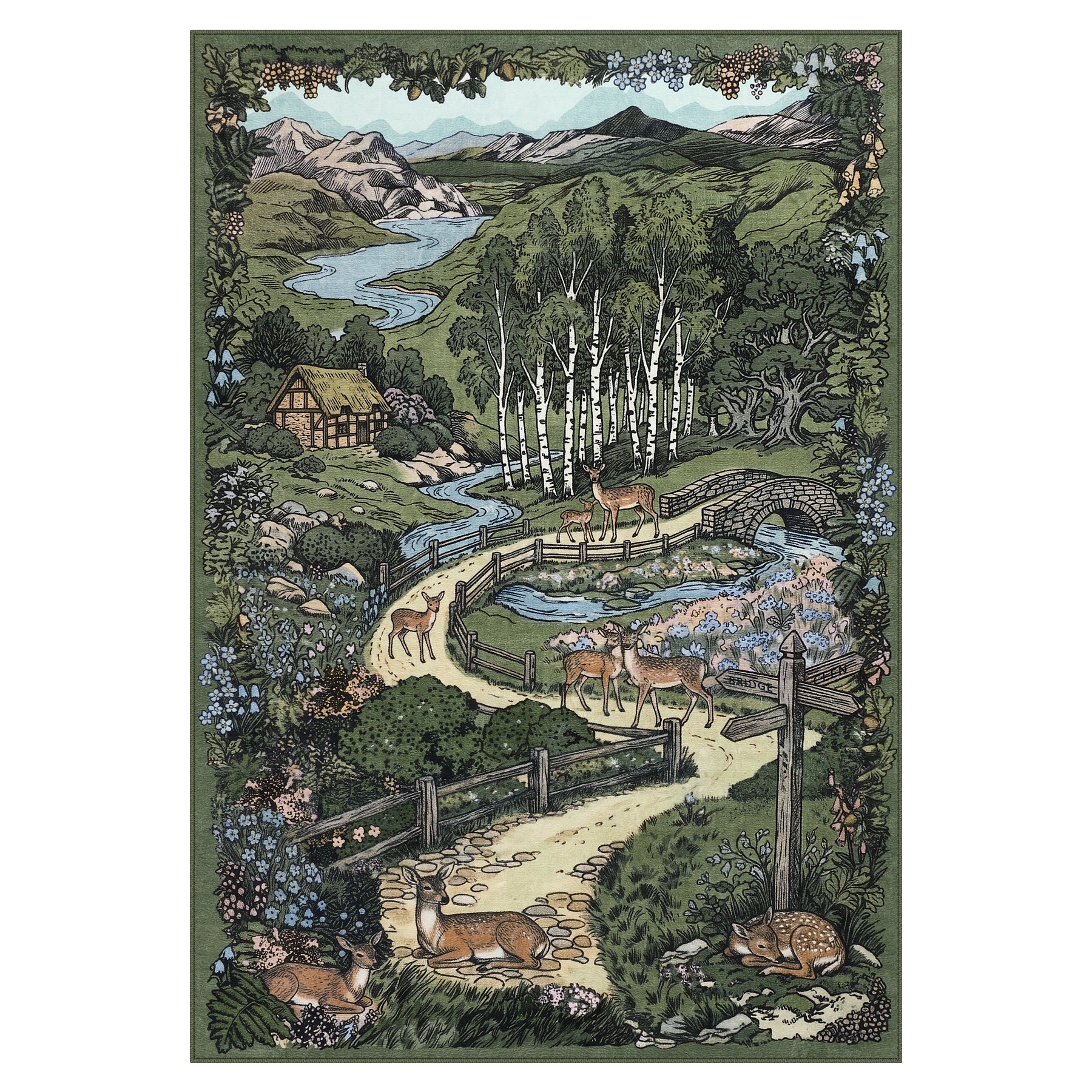 Washable Area Rug, Forest Deer Illustration Print, Non-Slip Soft Low-Pile, Living Room Animal Rug