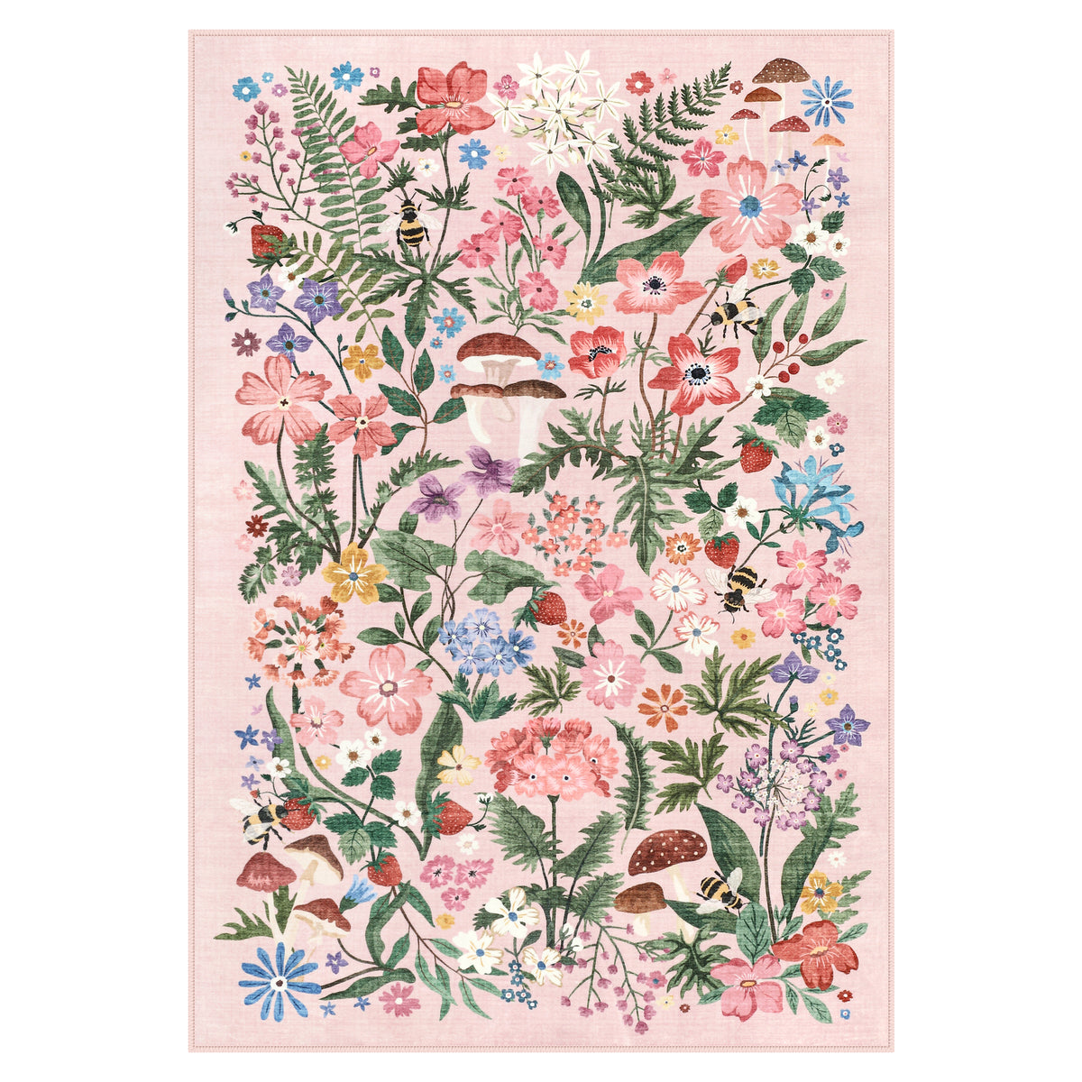 Washable Floral Area Rug, Non-Slip Low Pile Botanical Carpet