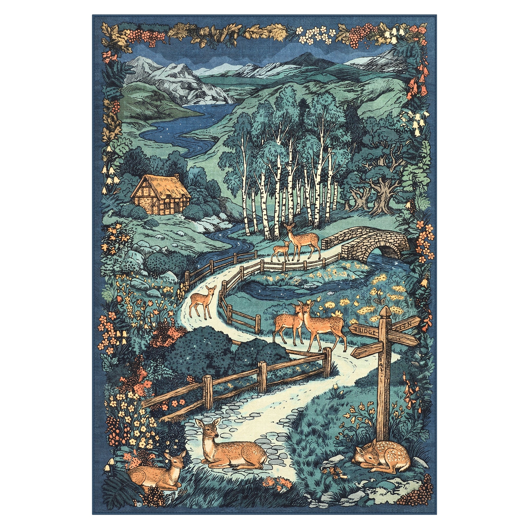 Washable Area Rug, Forest Deer Illustration Print, Non-Slip Soft Low-Pile, Living Room Animal Rug