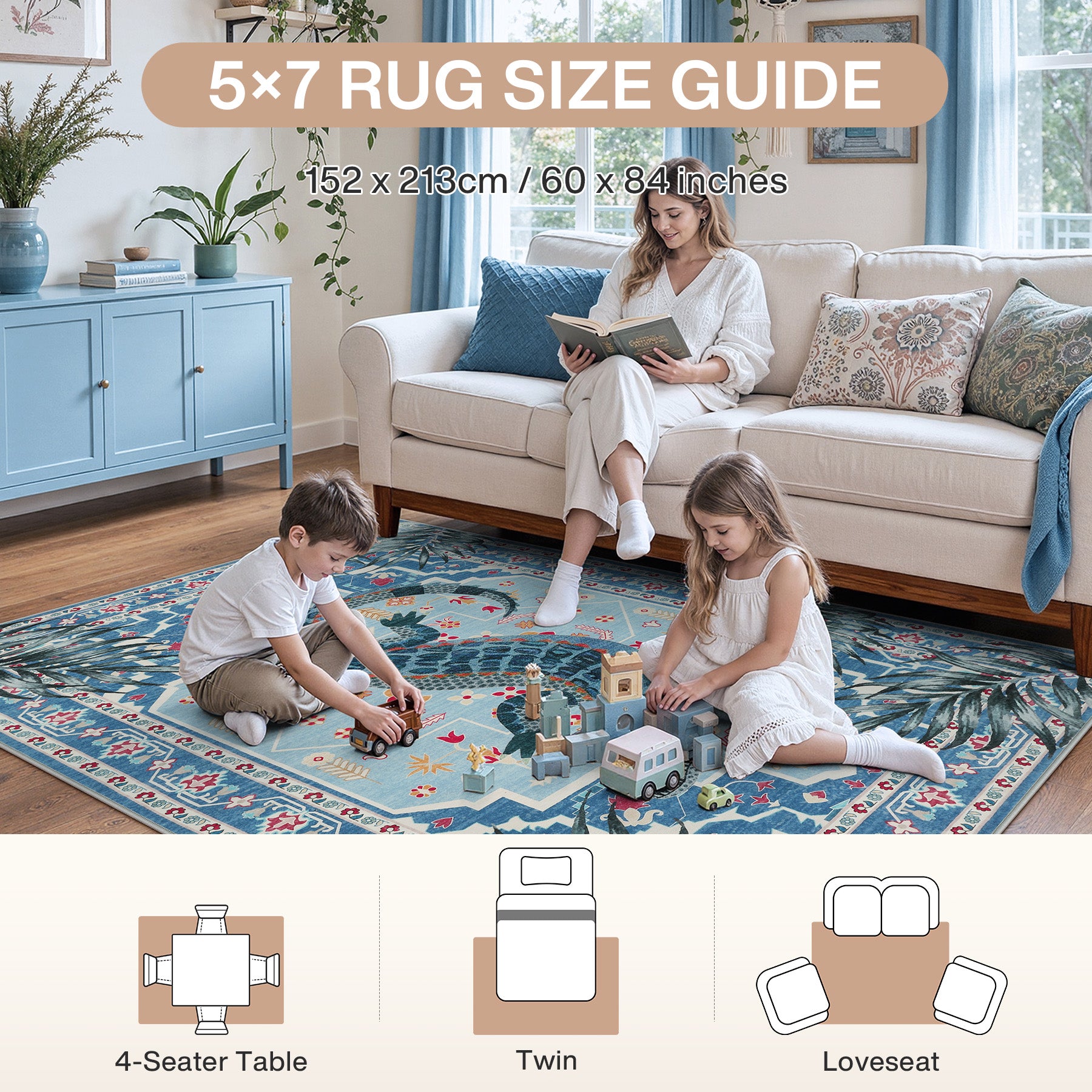 Vintage Alligator Print Area Rug, Washable Non-Slip Soft Low-Pile Carpet, Bedroom Living Room Kids