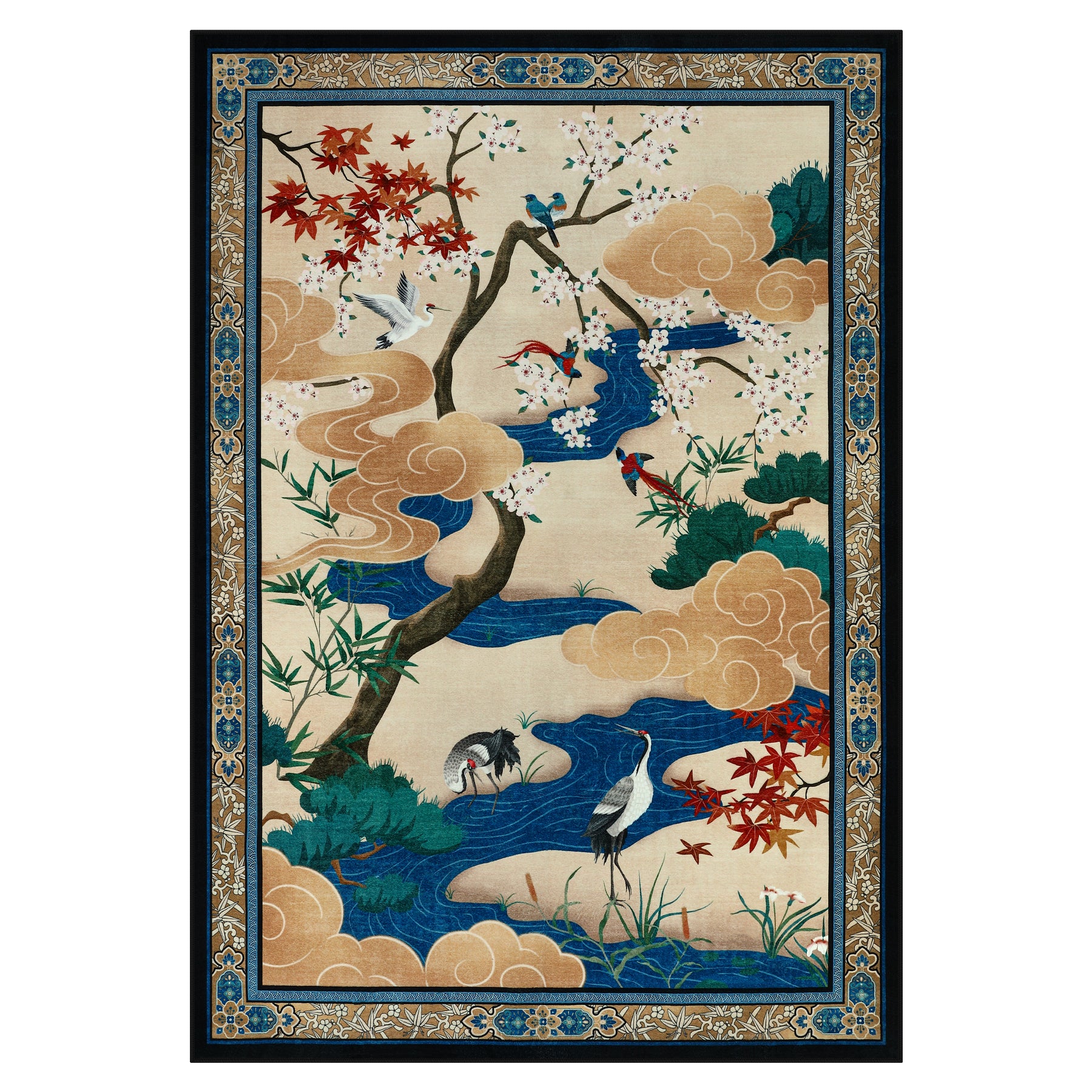 Floral Cherry Blossom Oriental Rug – Soft Non-Slip Washable Carpet for Living Room, Bedroom, Oeko-Tex Certified
