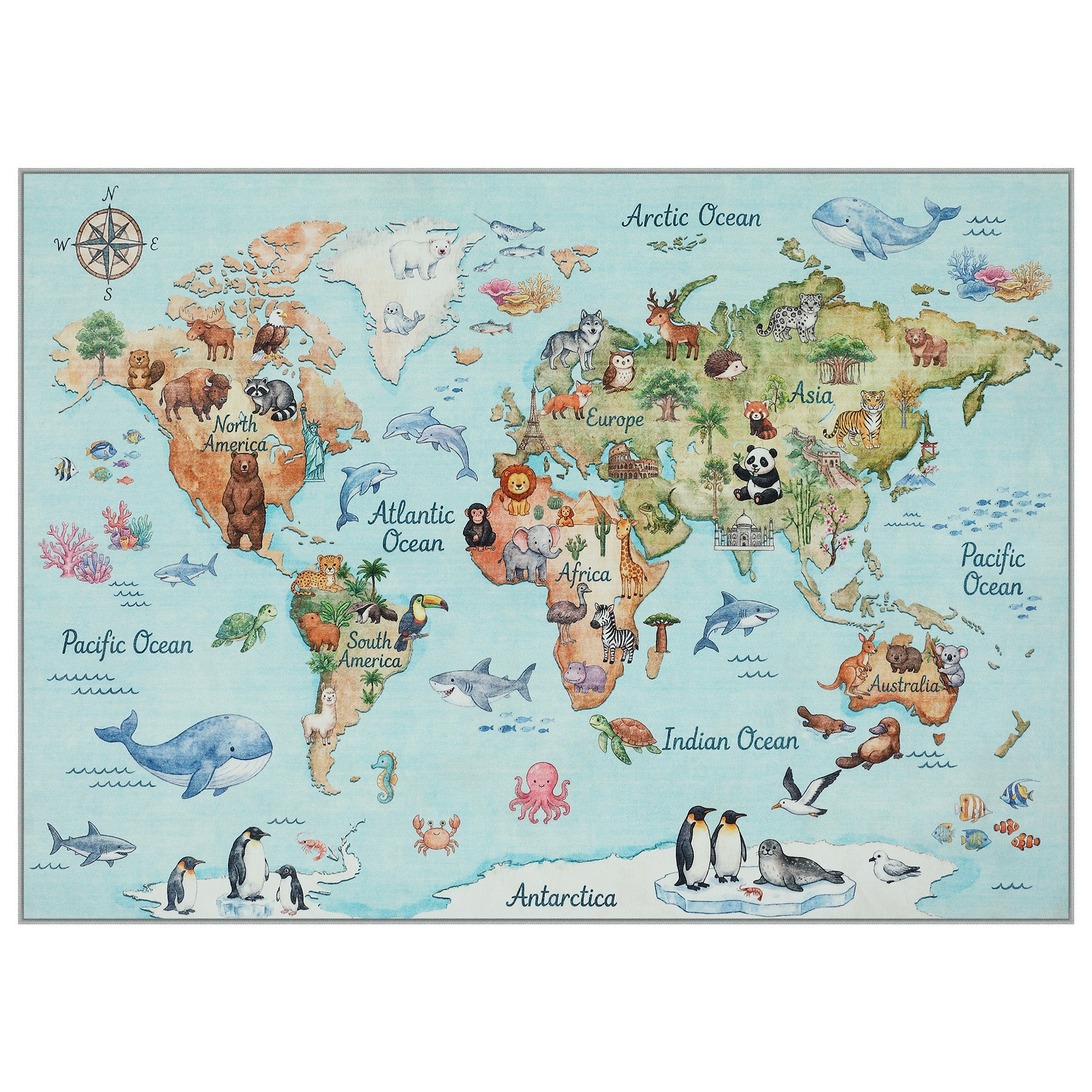 Kids Playroom Rug, Blue Washable World Map Rug – Soft Non-Slip Animal Ocean Play Mat