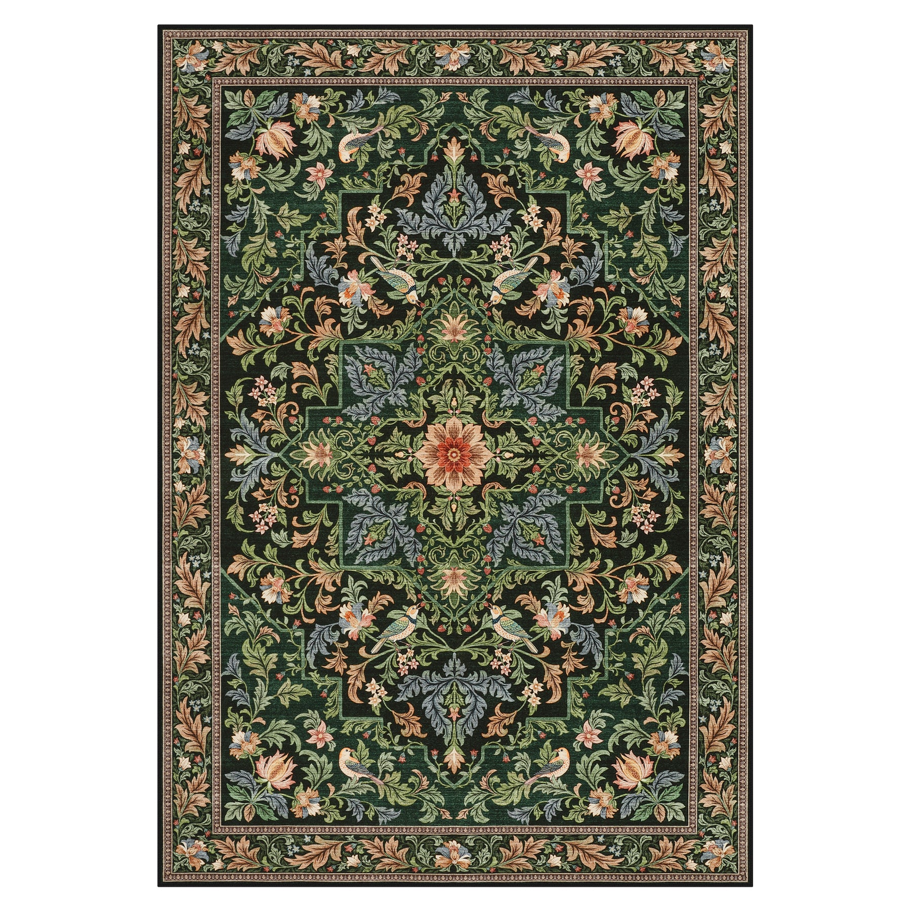 Floral Bird Area Rug, Machine Washable Boho Rug in Green & Blue, 5x7 / 8x10, Non-Slip Indoor Outdoor Living Room