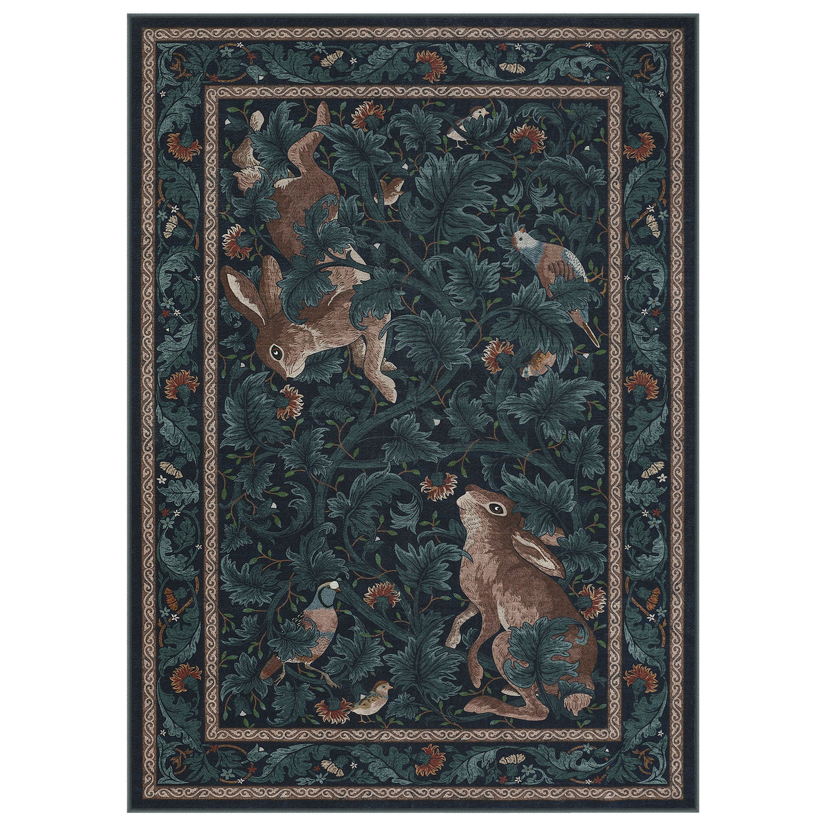 Forest Botanica Rabbit Washable Area Rug,Vintage Woodland Animal Print Low Pile Carpet