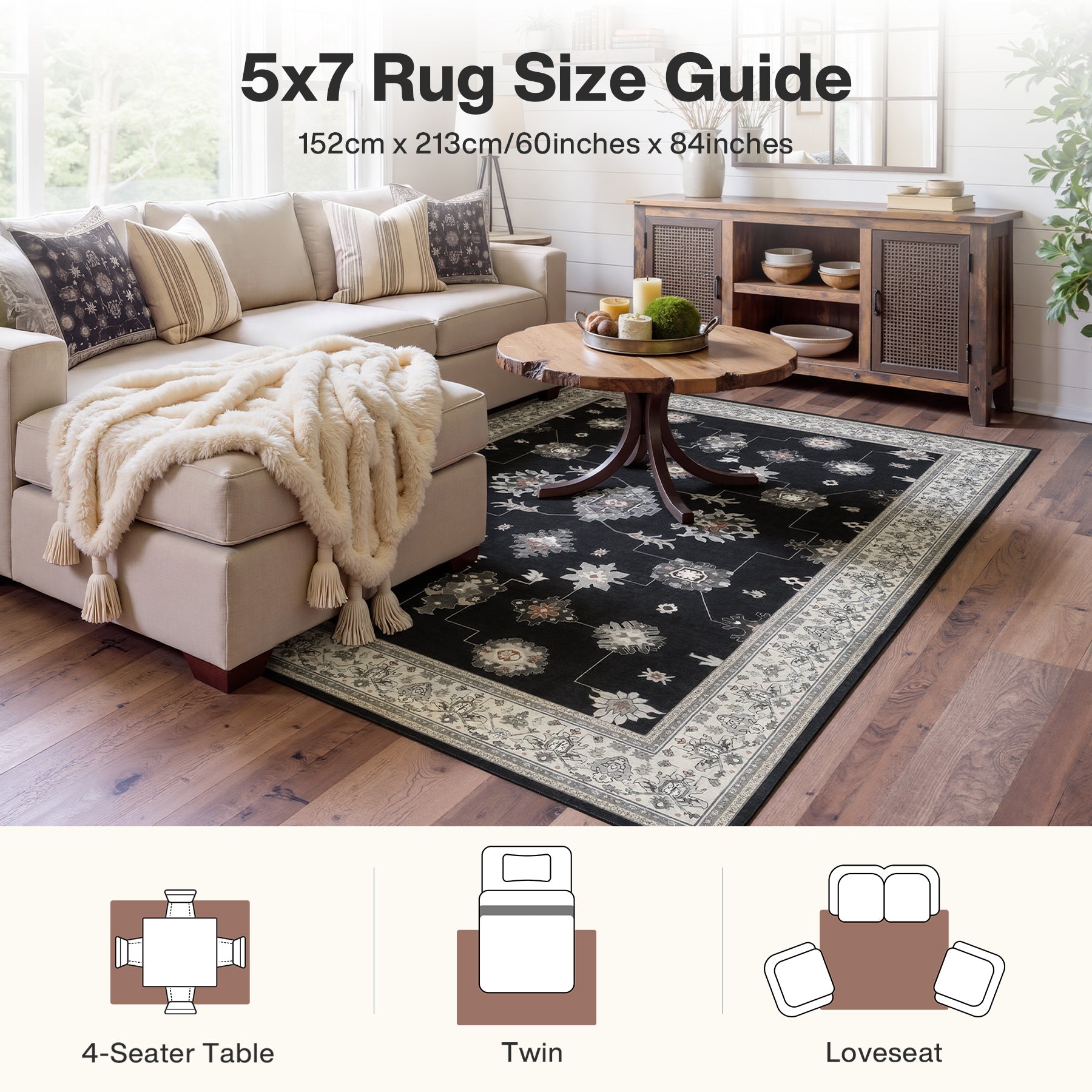 5x7/8x10/9x12 Boho Washable Area Rug, Farmhouse Vintage Ultra Thin Indoor Non-Slip Carpet for Living Room, Oeko-Tex Certified
