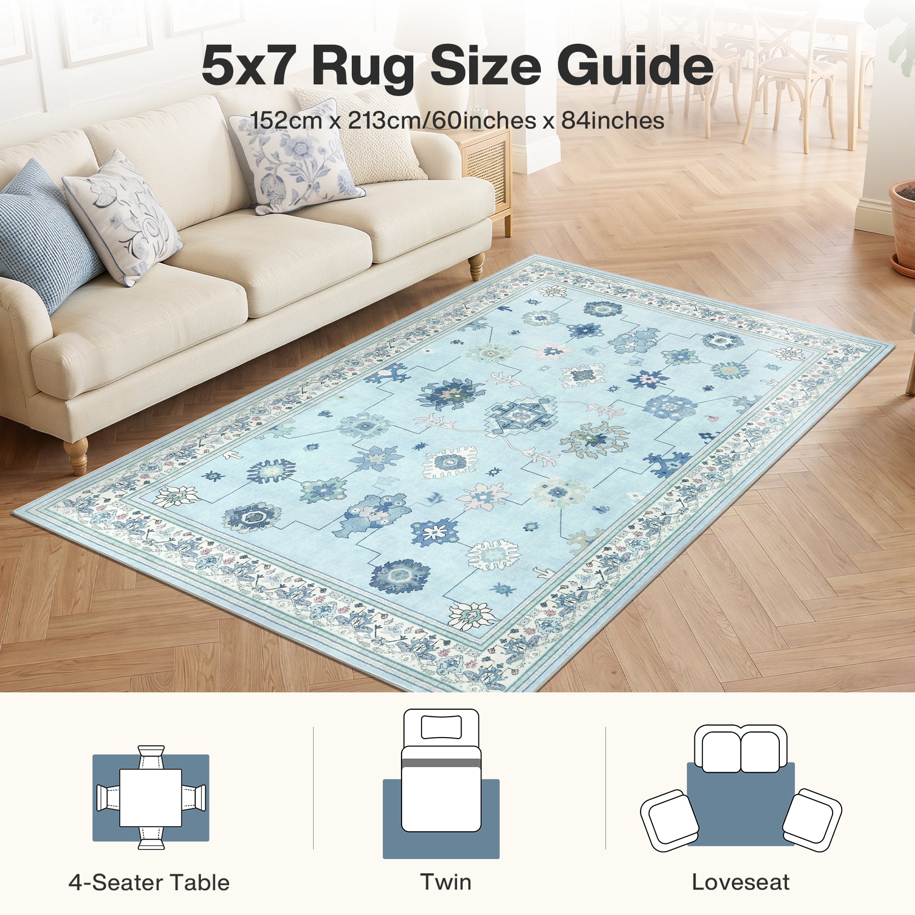 5x7/8x10/9x12 Boho Washable Area Rug, Farmhouse Vintage Ultra Thin Indoor Non-Slip Carpet for Living Room, Oeko-Tex Certified