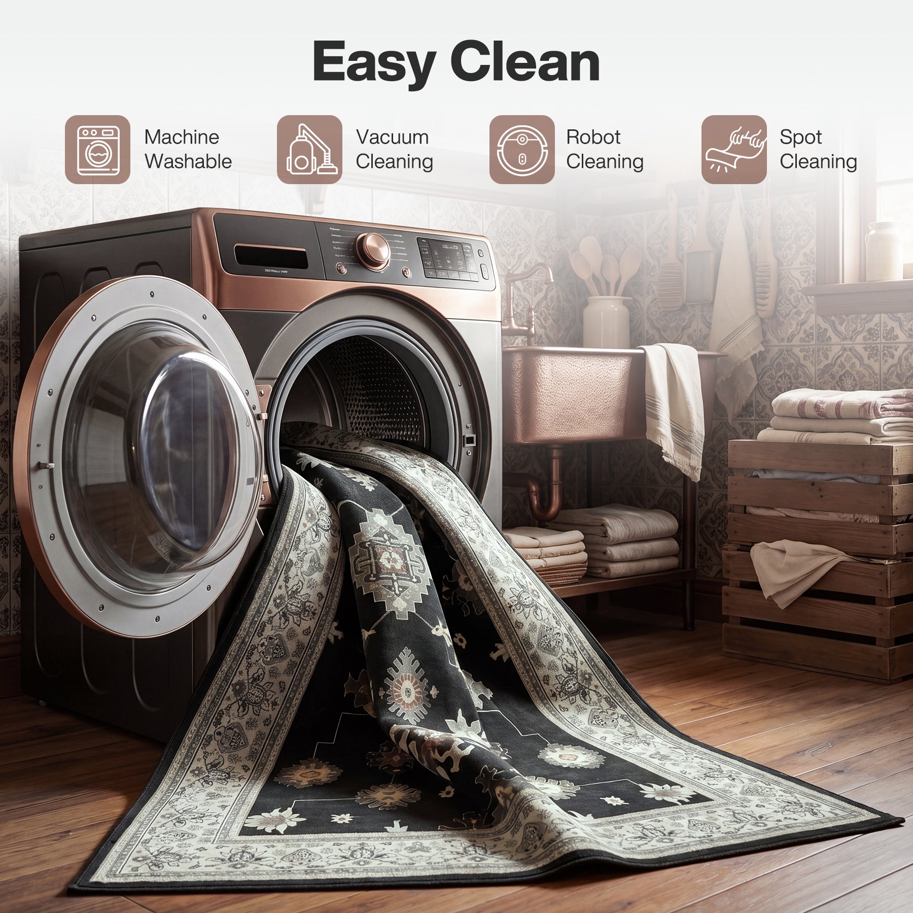 5x7/8x10/9x12 Boho Washable Area Rug, Farmhouse Vintage Ultra Thin Indoor Non-Slip Carpet for Living Room, Oeko-Tex Certified