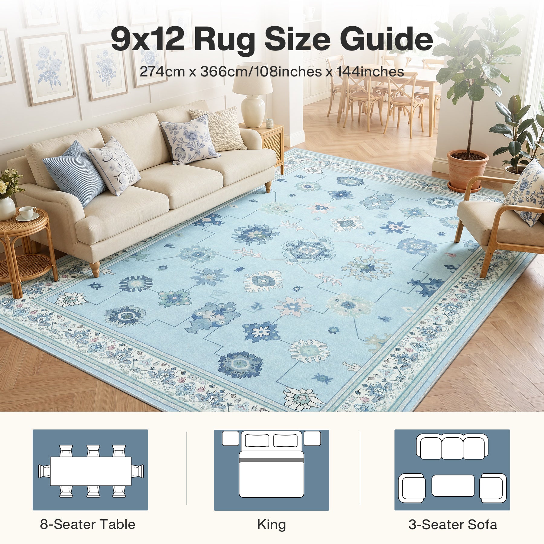 5x7/8x10/9x12 Boho Washable Area Rug, Farmhouse Vintage Ultra Thin Indoor Non-Slip Carpet for Living Room, Oeko-Tex Certified