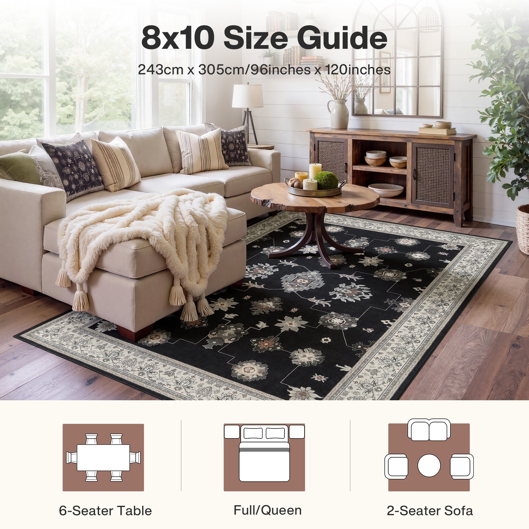 5x7/8x10/9x12 Boho Washable Area Rug, Farmhouse Vintage Ultra Thin Indoor Non-Slip Carpet for Living Room, Oeko-Tex Certified