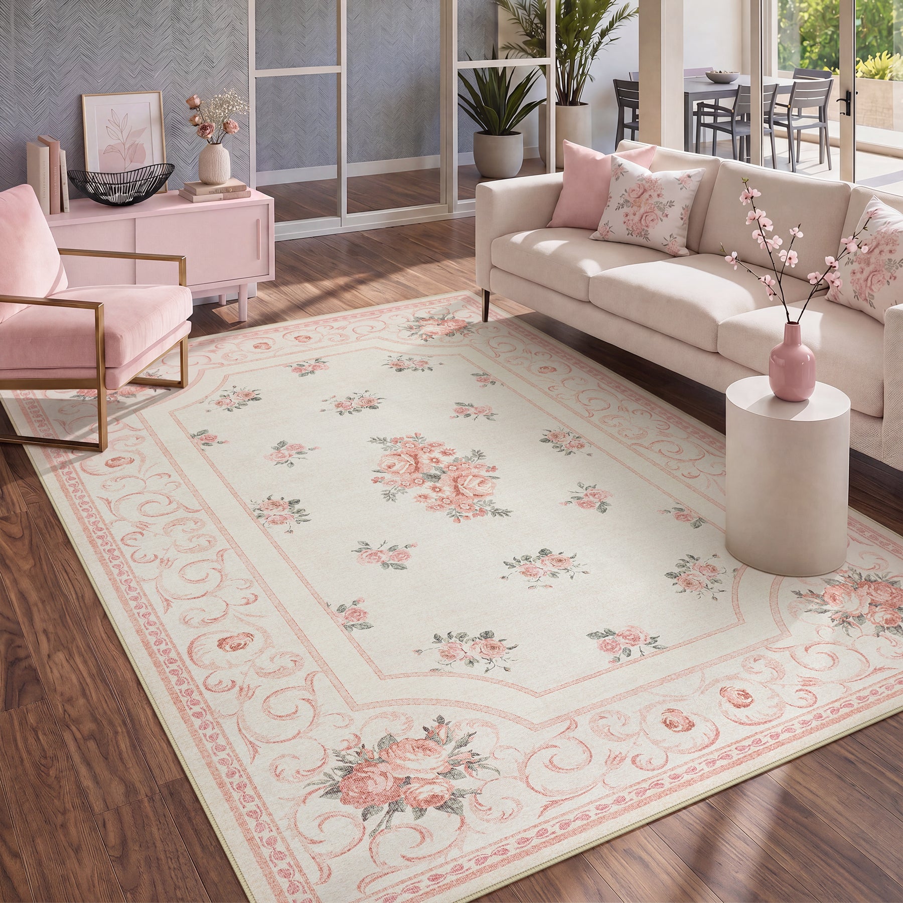 5x7/8x10 Boho Floral Area Rug, Vintage Soft Washable Low Pile Nursery Living Room Carpet, Oeko-Tex Certified