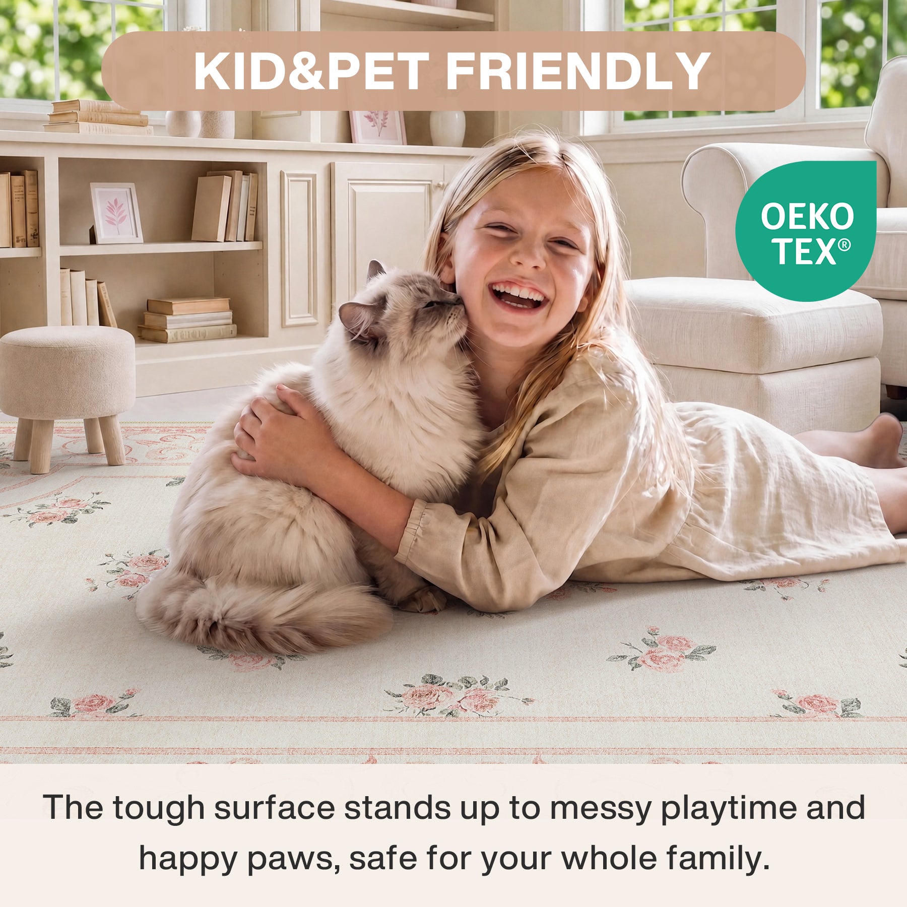 5x7/8x10 Boho Floral Area Rug, Vintage Soft Washable Low Pile Nursery Living Room Carpet, Oeko-Tex Certified