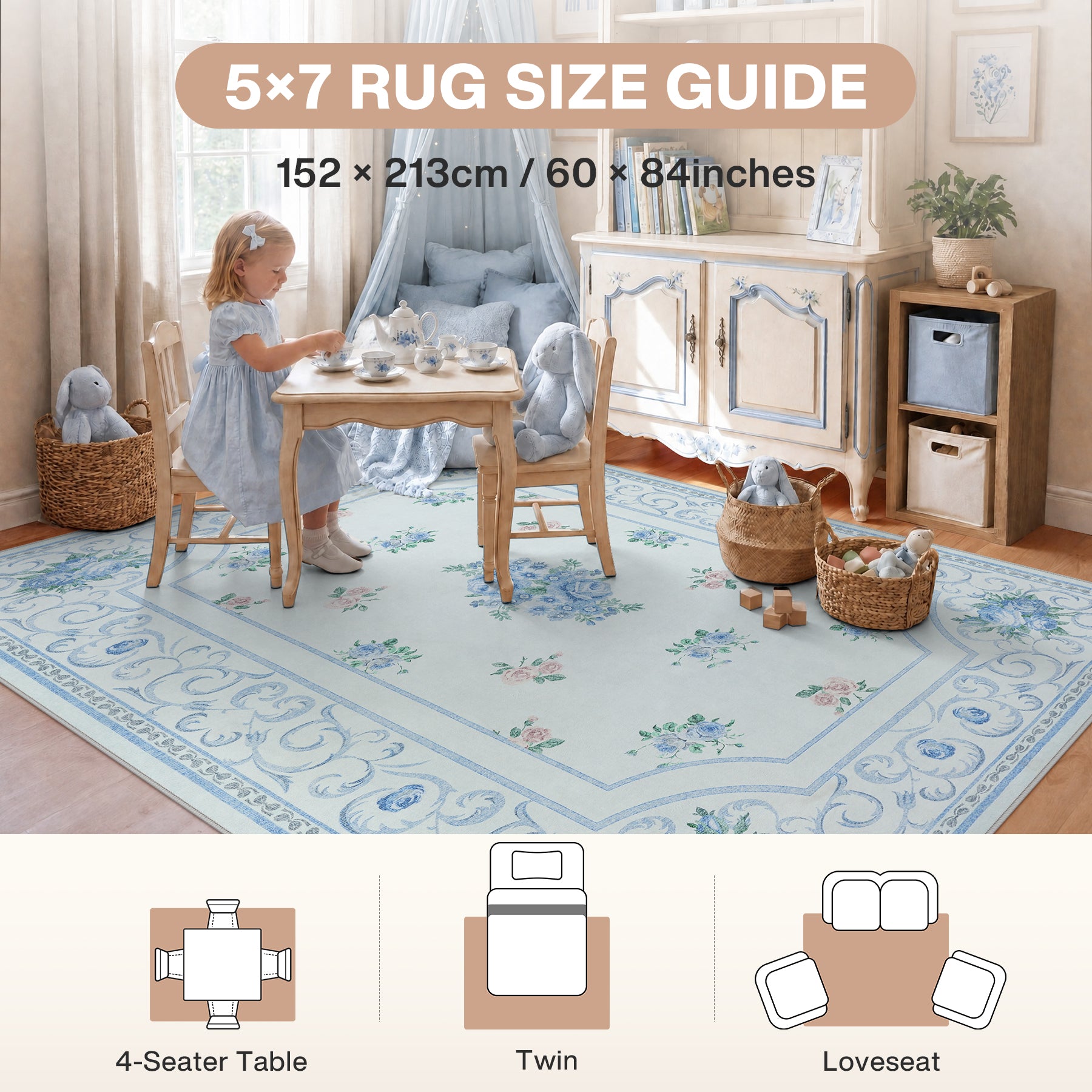 5x7/8x10 Boho Floral Area Rug, Vintage Soft Washable Low Pile Nursery Living Room Carpet, Oeko-Tex Certified