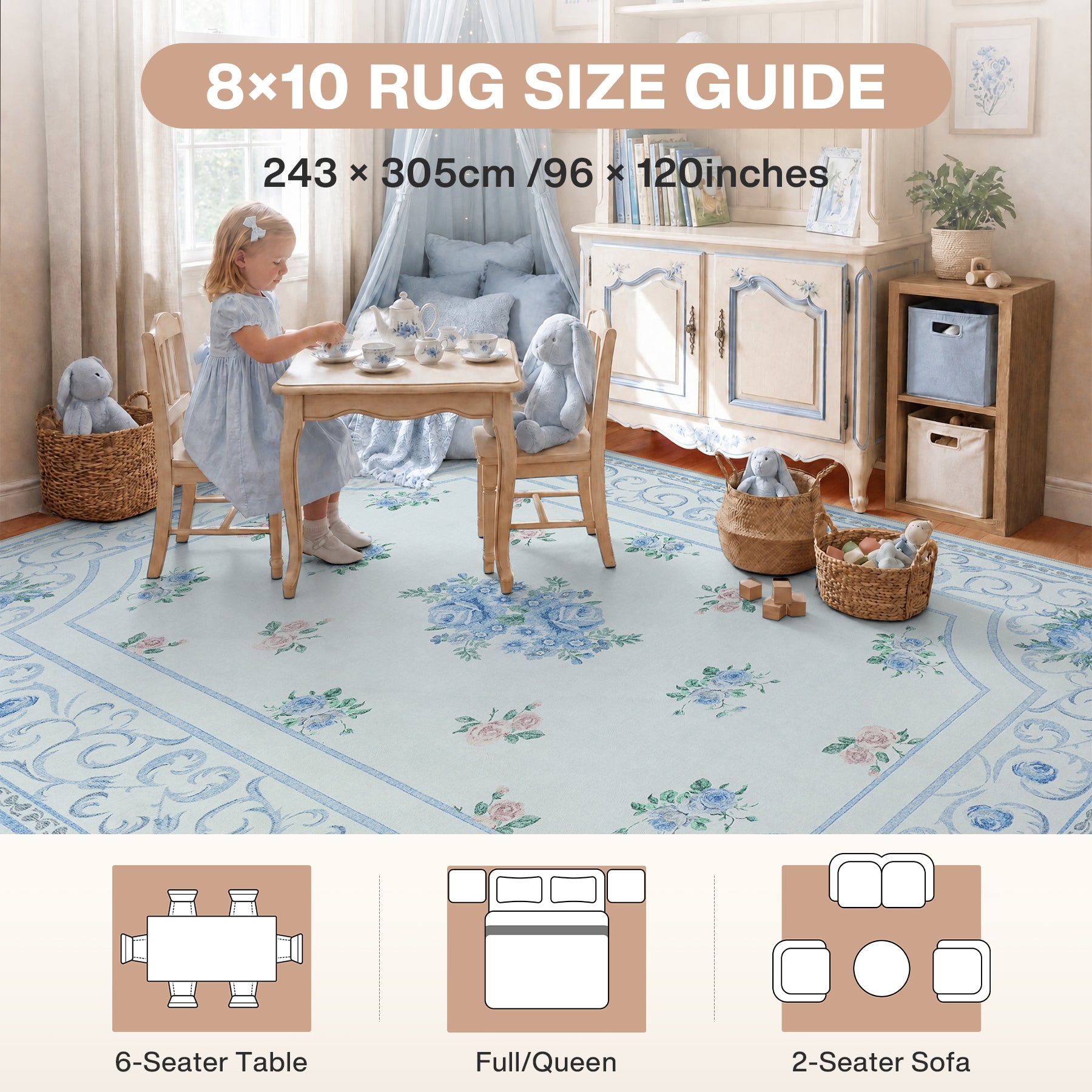 5x7/8x10 Boho Floral Area Rug, Vintage Soft Washable Low Pile Nursery Living Room Carpet, Oeko-Tex Certified